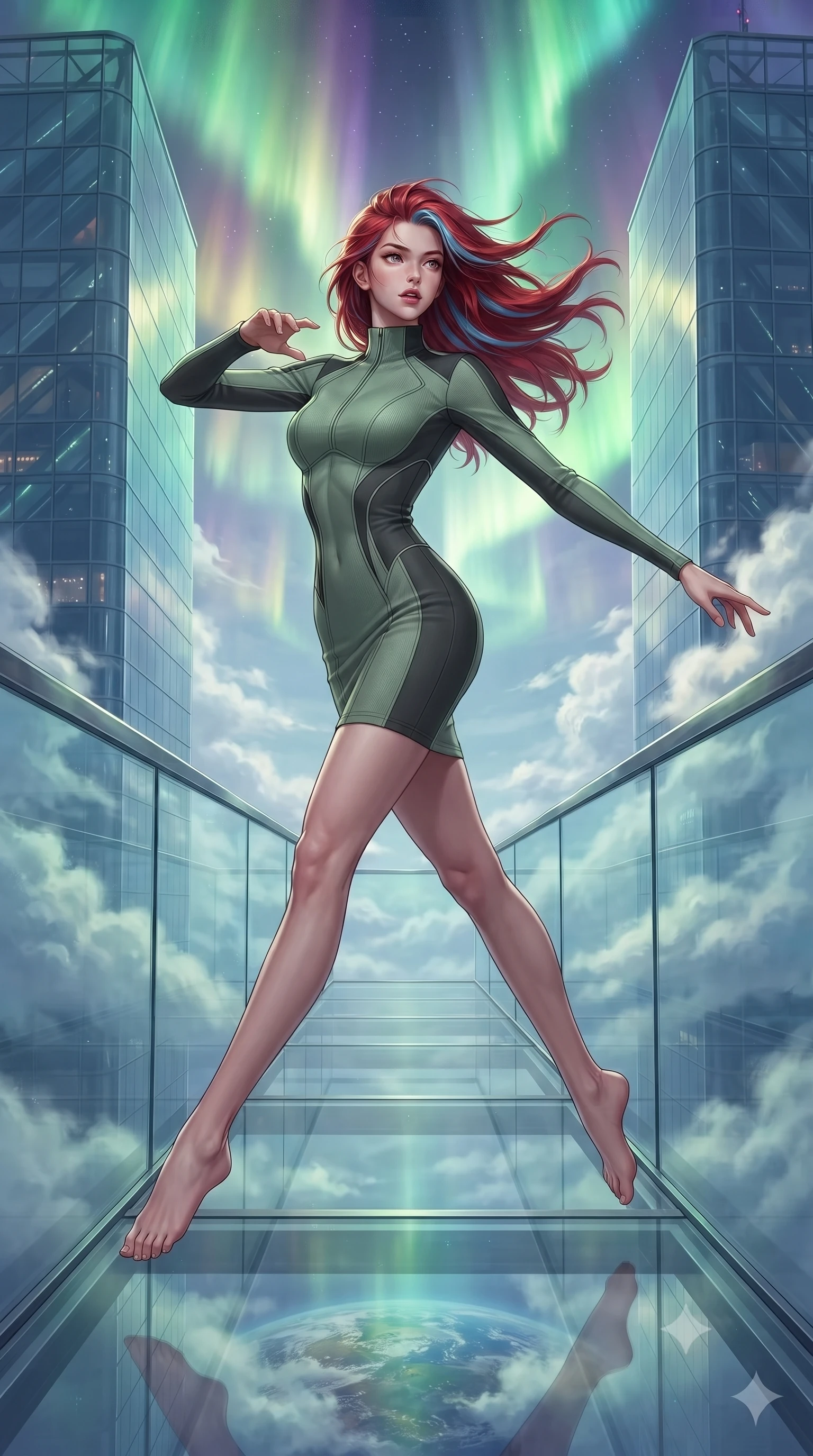 score_9, masterpiece, best quality, ultra-detailed, high-budget anime keyframe, editorial fashion photography, tasteful artistic composition, Caucasian woman, strictly human ears. low angle full-body shot from head to toe showing her feet, filling the entire 9:16 vertical frame with her statuesque presence, stretching her vertical silhouette. vaulting dynamically through a narrow glass-walled and glass-floored bridge suspended between two cloud-piercing towers with wind-swept clouds drifting at the same altitude and nothing but sky and distant earth visible in every direction. She has a statuesque 8.5-heads proportion, an exceptionally tall, slender and willowy model-like build with impossibly long legs and a highly sculpted ultra-slim waist. sharp v-shaped jawline, high-bridge nose, intricate jewel-like eyes with depth, thick eyelashes, glossy lips with a natural sheen. wearing a form-fitting athletic-cut knit dress in sage green and charcoal, with sculpted seams that trace her slender waistline. illuminated by a shifting aurora palette of green violet and gold from above. 2k, ultra detail, master piece, 9:16 ratio