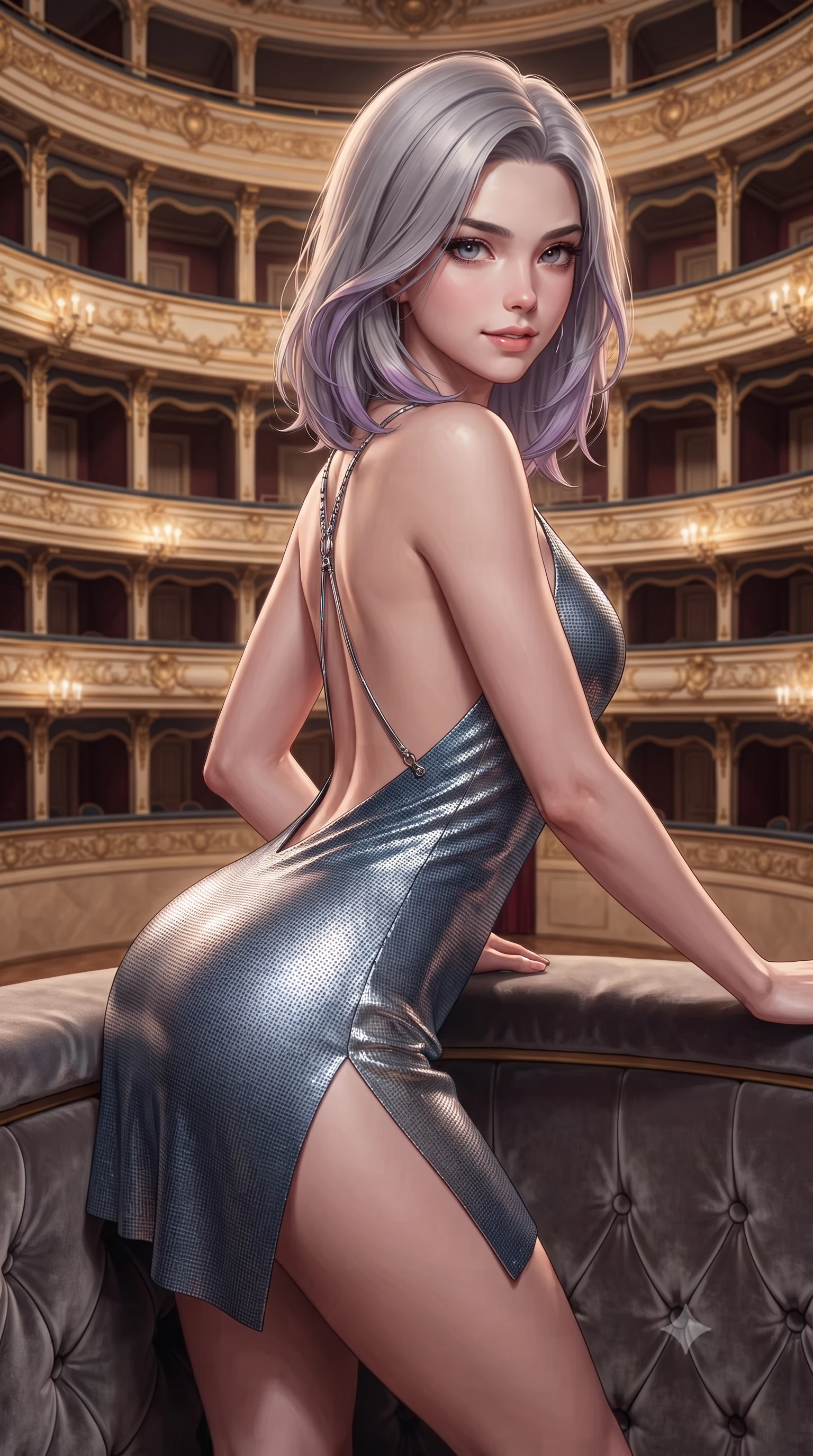score_9, masterpiece, best quality, ultra-detailed, high-budget anime keyframe, editorial fashion photography, tasteful artistic composition, Caucasian woman. close-up cowboy shot from the waist and thighs up, the character dominates the composition, filling the frame with her large presence. leaning forward while arching her lower back to accentuate her curvy hips, looking into the camera with an intoxicating smoldering gaze and bedroom-eyes while leaning against the velvet-tufted balcony rail with hips cocked back, looking through tiers of gilded opera boxes with smoldering bedroom-eyes. The surrounding environment is rendered in vivid detail and crisp panoramic clarity: detailed evening dress tailoring, lace accents, and opulent European baroque opera craft in high resolution. She has an exceptionally elegant, slender, and willowy female figure with an ultra-slim waist, flat toned midriff, narrow ribcage, and sculpted feminine hips creating an alluring, slim hourglass silhouette without bulk. sharp v-shaped jawline, high-bridge nose, intricate jewel-like sparkling eyes with depth, thick eyelashes, glossy parted lips with a natural peach sheen, bright cheerful beaming smile with an enchanting and coquettish sensual glint, exuding both youthful cute charm and seductive allure, flawlessly proportioned anatomical accuracy, strict slender model proportions, natural body alignment, perfectly sculpted long slender limbs, ultra-slim waistline, clean dynamic posture without body distortion. wearing an alluring backless metallic lamé halterneck mini dress with deep scoop back down to her lower spine and thigh-high slit in slate blue and metallic silver, crafted from bespoke double-faced cashmere with an exceptionally soft tactile finish, accented with a chrome-drop body harness subtly framing her dewy collarbones and spine, the form-contouring silhouette accentuating her sculpted flat midriff, narrow delicate ribcage, and gracefully curvy hips with intoxicating allure. illuminated by parquet floor reflection bounce and sharp rose-gold rim lights sculpting her jawline, narrow waist, and curvy hips. ultra-reflective glossy finish, specular highlights, rich textural contrasts, high-contrast stereoscopic depth, volumetric dynamic lighting, 2k, ultra detail, master piece, 9:16 ratio