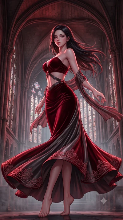 score_9, masterpiece, best quality, ultra-detailed, high-budget anime keyframe, semi-realistic 3D game render, editorial fashion photography, tasteful artistic composition, Korean woman. low angle full-body shot from head to toe showing her feet, fil