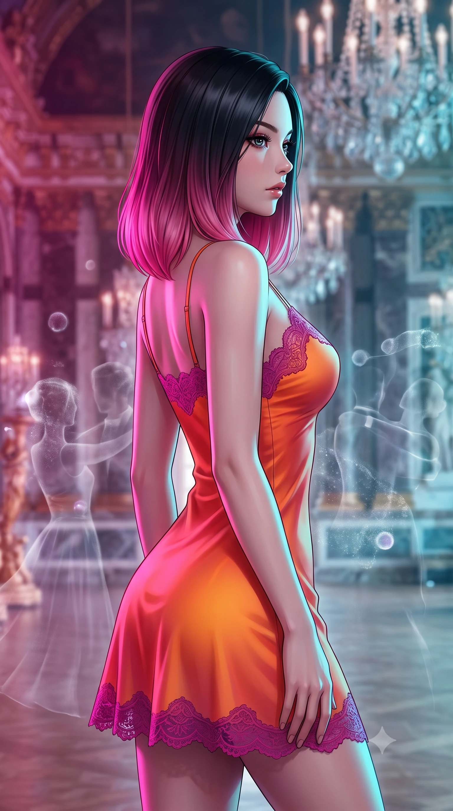 score_9, masterpiece, best quality, ultra-detailed, high-budget anime keyframe, editorial fashion photography, tasteful artistic composition, Korean woman. close-up cowboy shot from the waist and thighs up, the character dominates the composition, filling the frame with her large presence, background elements kept in soft focus. Turning her face in sharp dramatic profile against the light. set against a soft-focus background of a grand ballroom where quantum particles appear and disappear in probability clouds ghostly translucent waltz partners materializing and dissolving with each observation wave functions collapsing into brief moments of beauty. She has an exceptionally elegant and slender, willowy female figure with an ultra-slim waist, a gracefully sculpted slender torso, and a refined slim physique. sharp v-shaped jawline, high-bridge nose, intricate jewel-like eyes with depth, thick eyelashes, glossy lips with a natural sheen. wearing a gossamer-thin silk slip dress in a sunset orange gradient, detailed with magenta lace-trimmed edges. dual-tone lighting with hot magenta from the left and cool cyan from the right. 2k, ultra detail, master piece, 9:16 ratio