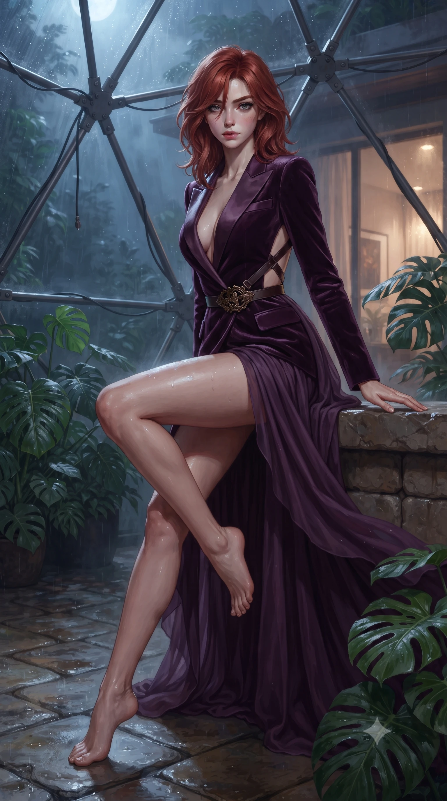 score_9, masterpiece, best quality, ultra-detailed, high-budget anime keyframe, editorial fashion photography, tasteful artistic composition, Korean woman. low angle full-body shot from head to toe showing her feet, filling the entire 9:16 vertical frame with her statuesque presence, stretching her vertical silhouette. sitting perched on the elevated edge with hips angled toward the camera and legs crossed, displaying her toned midriff and flawlessly sculpted slender limbs while pivoting dynamically on the mist-drenched terrace, night winds whipping her silk drapery to emphasize her tall statuesque proportions. The surrounding environment is rendered in vivid detail and crisp panoramic clarity. sharp exotic plant leaf venation, geodesic dome frame joints, and wet stone pavers in deep focus. She has an exceptionally tall and slender model-like 8.5-heads proportion, an ultra-slim waist, a flat toned midriff, narrow delicate ribcage, and beautifully sculpted feminine hips creating a graceful, slim hourglass silhouette without any bulky heaviness, with impossibly long slender legs. sharp v-shaped jawline, high-bridge nose, intricate jewel-like eyes with depth, thick eyelashes, glossy parted lips with a natural sheen, intensely captivating and seductive bedroom-eyes expression, flawlessly proportioned anatomical accuracy, strict slender model proportions, natural body alignment, perfectly sculpted long slender limbs, ultra-slim waistline, clean dynamic posture without body distortion. wearing a tailored velvet tuxedo jacket dress with satin lapels, worn with a deep plunge neckline and gold hip buckle in deep plum violet and antique bronze, woven from layered gossamer chiffon with a weightless sweeping drape, featuring an open-back criss-cross harness strap in dark leather, the precision-cut side openings and low-back scoop framing her graceful spine and the sensual sweep of her slim, toned hips. illuminated by wet specular highlights accentuating her slender neckline, sculpted waist, and rounded hips. ultra-reflective glossy finish, specular highlights, rich textural contrasts, high-contrast stereoscopic depth, volumetric dynamic lighting, 2k, ultra detail, master piece, 9:16 ratio