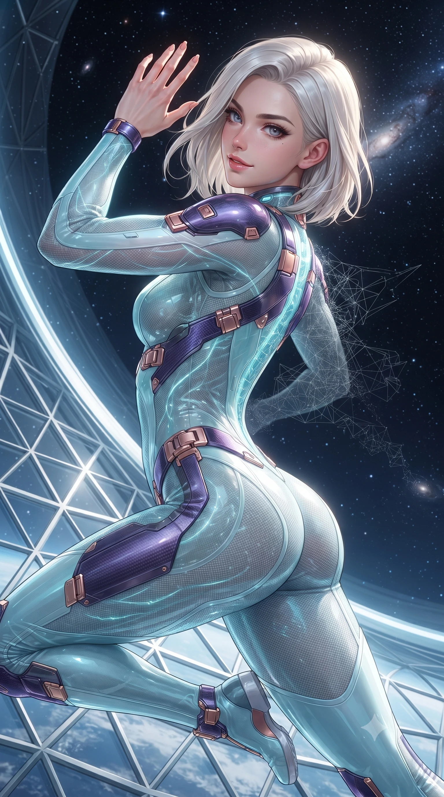 score_9, masterpiece, best quality, ultra-detailed, high-budget anime keyframe, editorial fashion photography, tasteful artistic composition, Caucasian woman. close-up cowboy shot from the waist and thighs up, the character dominates the composition, filling the frame with her large presence. resting one hand in a defensive deflective posture while glancing over her shoulder with thick eyelashes and a confident, smoldering combat half-smile while launching off the transparent glass dome wall with supersonic speed, leaving a faint geometric data trail behind her silhouette. The surrounding environment is rendered in vivid detail and crisp panoramic clarity. detailed glass dome geometric lattices, zero-G particle distortion ripples, and starry void in high clarity. She has an exceptionally elegant, slender, and willowy female figure with an ultra-slim waist, a gracefully sculpted slender torso, toned flat midriff, and a refined slim silhouette. sharp v-shaped jawline, high-bridge nose, intricate jewel-like eyes with depth, thick eyelashes, glossy lips with a natural sheen, flawlessly proportioned anatomical accuracy, strict slender model proportions, natural body alignment, perfectly sculpted long slender limbs, ultra-slim waistline, clean dynamic posture without body distortion. wearing an ultra-sleek glacial-cyan and white carbon-mesh combat bodysuit with frost-resistant kinetic shock-absorber plating in royal purple carbon fiber with rose-gold hardware and clasps, crafted from semi-translucent cybernetic carbon-vinyl interwoven with glowing micro-filaments, featuring a sleek aerodynamic collar framed by subtle glowing cybernetic status LEDs, the sleek second-skin cut tightly hugging her graceful clavicle, narrow waist, and feminine curves with athletic precision. surrounded by an awe-inspiring, serene, and radiantly supreme celestial martial goddess aura. ultra-reflective glossy finish, specular highlights, dark metallic sheen, high-contrast stereoscopic depth, volumetric dynamic lighting, 2k, ultra detail, master piece, 9:16 ratio