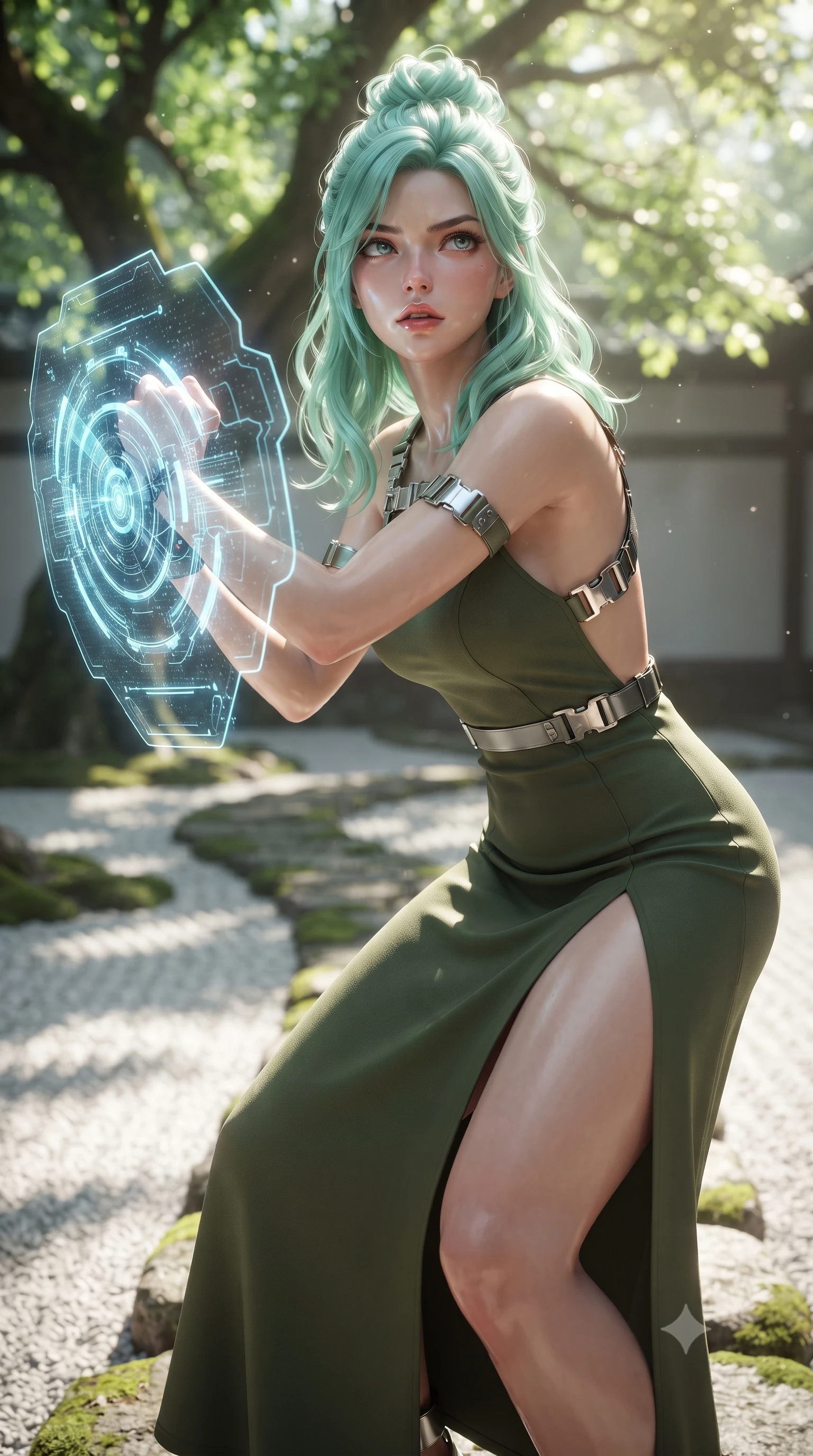 score_9, masterpiece, best quality, ultra-detailed, high-budget anime keyframe, editorial fashion photography, tasteful artistic composition, Japanese woman. close-up cowboy shot from the waist and thighs up, the character dominates the composition, filling the frame with her large presence, background elements kept in soft focus. crouching slightly behind a glowing holographic shield emitter, looking up with defiance and lips slightly parted, the background shows a soft-focus a banyan tree courtyard with white raked gravel and stone path arches. She has an exceptionally elegant, slender, and willowy female figure with an ultra-slim waist, a gracefully sculpted slender torso, and a refined silhouette. sharp v-shaped jawline, high-bridge nose, intricate jewel-like eyes with depth, thick eyelashes, glossy lips with a natural sheen. wearing a slim-fit dramatic open-back maxi combat dress in olive green, featuring a high thigh slit and chrome straps. dappled sunlight filtering through glowing leaves onto the white gravel path. ultra-reflective glossy finish, specular highlights, metallic sheen, high-contrast stereoscopic depth, volumetric dynamic lighting, 2k, ultra detail, master piece, 9:16 ratio