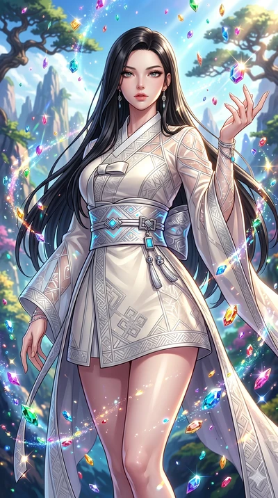 score_9, masterpiece, best quality, ultra-detailed, High-budget Anime Keyframe, beautiful Japanese anime girl. Upper body close-up from the thighs up, character filling the screen for maximum presence. Standing in a rain of colorful jewels on a mount