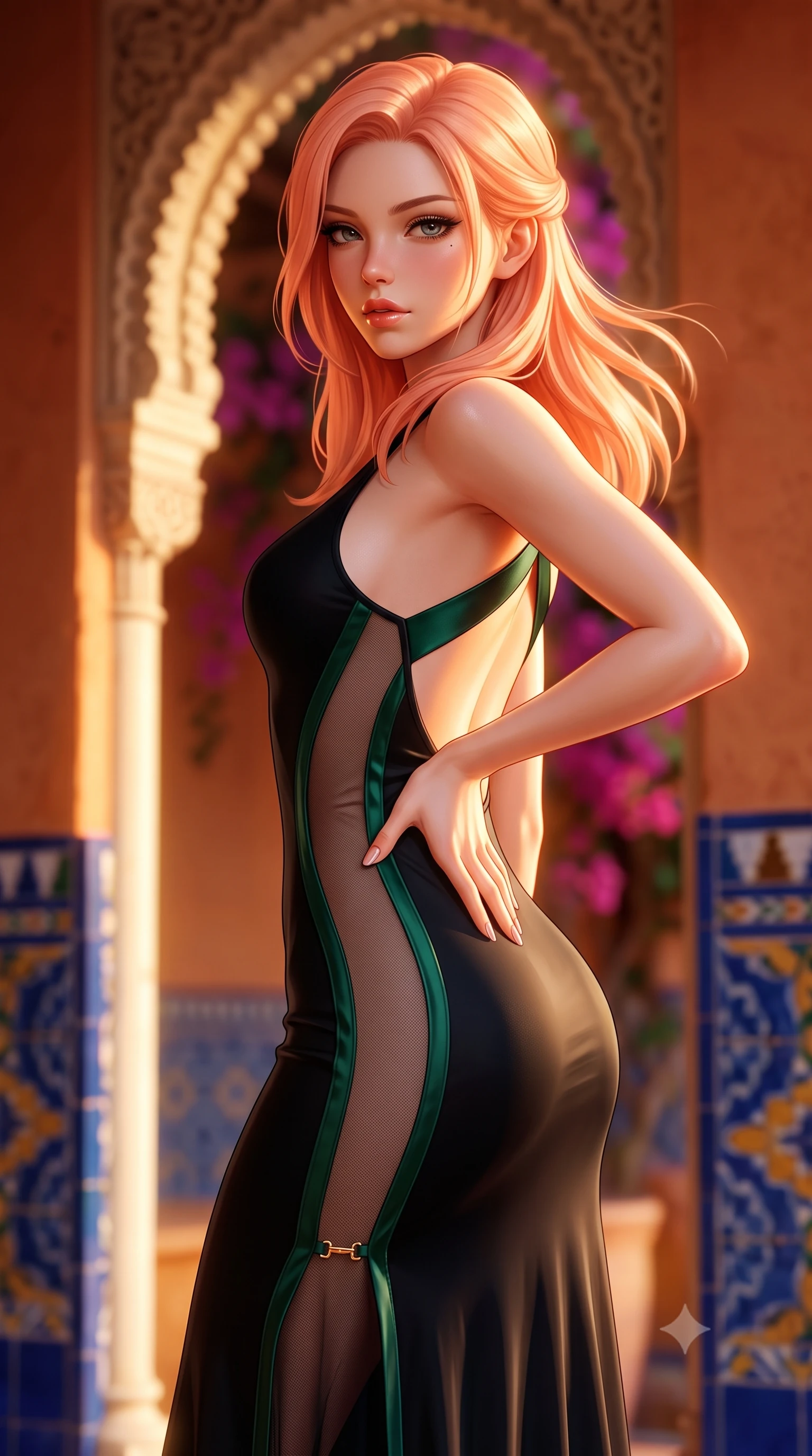score_9, masterpiece, best quality, ultra-detailed, high-budget anime keyframe, semi-realistic 3D game render, editorial fashion photography, tasteful artistic composition, Japanese woman. close-up cowboy shot from the waist and thighs up, the character dominates the composition, filling the frame with her large presence. resting one manicured hand delicately on her hip bone, her upper body turning in a fluid, seductive S-curve while parted lips glisten in the light while twisting her slender torso in an alluring S-curve along the colonnaded loggia, her silk dress catching the warm evening Mediterranean breeze. The composition keeps background elements in soft focus with creamy bokeh. carved gothic-mudéjar plaster arches and vibrant cobalt azulejo tiles blurred into rich cobalt, ochre, and bougainvillea magenta bokeh. She has an exceptionally elegant, slender, and willowy female figure with an ultra-slim waist, flat toned midriff, narrow ribcage, and sculpted feminine hips creating an alluring, slim hourglass silhouette without bulk. sharp v-shaped jawline, high-bridge nose, intricate jewel-like eyes with depth, thick eyelashes, glossy parted lips with a natural sheen, intensely captivating and seductive bedroom-eyes expression, flawlessly proportioned anatomical accuracy, strict slender model proportions, natural body alignment, perfectly sculpted long slender limbs, ultra-slim waistline, clean dynamic posture without body distortion. wearing a second-skin black silk jersey maxi dress with asymmetrical sheer mesh side panels tracing the full curve of her hip in deep emerald green satin and gold hardware, made of fluid silk crepe with delicate inner corsetry boning, finished with criss-cross back satin straps highlighting her graceful shoulder blades, the precision-cut side openings and low-back scoop framing her graceful spine and the sensual sweep of her slim, toned hips. bathed in rich golden hour Andalusian sunset backlighting and warm terracotta wall bounce fill. highly saturated vibrant anime colors, detailed shading with soft gradients, rich glossy textures, high-contrast stereoscopic depth, volumetric dynamic lighting, master piece, 9:16 ratio