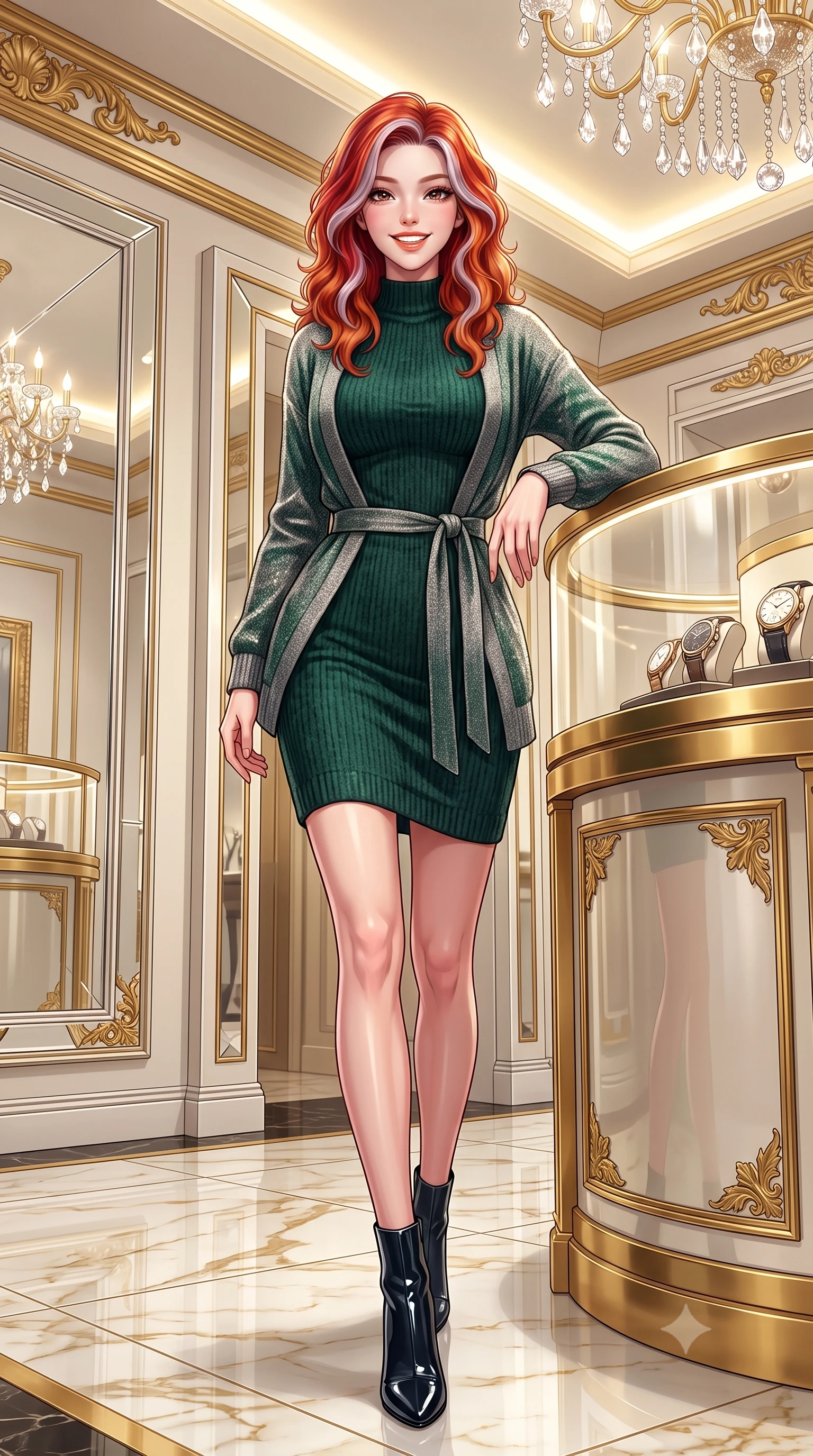 score_9, masterpiece, best quality, ultra-detailed, high-budget anime keyframe, semi-realistic 3D game render, editorial fashion photography, tasteful artistic composition, Caucasian woman. low angle full-body shot from head to toe showing her feet, filling the entire 9:16 vertical frame with her statuesque presence, stretching her vertical silhouette. stepping forward gracefully in mid-motion with a radiant beaming smile, hips swaying with supermodel rhythm as her vertical silhouette fills the frame while leaning gracefully against the curved gilded vitrine examining a luxury timepiece, her posture straight and commanding with aristocratic cool. The surrounding environment is rendered in vivid detail and crisp panoramic clarity: sharp beveled mirror frames, polished Calacatta gold marble floor veining, and gilded acanthus leaf moldings in deep focus. She has an exceptionally tall and slender model-like 8.5-heads proportion, an ultra-slim waist, a flat toned midriff, narrow delicate ribcage, and beautifully sculpted feminine hips creating a graceful, slim hourglass silhouette without any bulky heaviness, with impossibly long slender legs. sharp v-shaped jawline, high-bridge nose, intricate jewel-like sparkling eyes with depth, thick eyelashes, glossy parted lips with a natural peach sheen, bright cheerful beaming smile with an enchanting and coquettish sensual glint, exuding both youthful cute charm and seductive allure, flawlessly proportioned anatomical accuracy, strict slender model proportions, natural body alignment, perfectly sculpted long slender limbs, ultra-slim waistline, clean dynamic posture without body distortion. wearing a form-fitting plush chenille knit bodycon dress hugging her torso and hips, layered with a belted open wool cardigan in St. Moritz pine forest emerald and heather grey, woven from stretch metallic lurex knit casting subtle luminous champagne glints across her contours, complemented by sleek patent leather stiletto ankle boots accentuating her long slender calves, the glove-like clinging cut tightly following the natural contour of her hips and long slender legs with youthful 8.5-heads elegance. bathed in brilliant 3500K warm-white cove illumination and glittering multi-faceted crystal chandelier reflections. highly saturated vibrant anime colors, detailed shading with soft gradients, rich glossy textures, high-contrast stereoscopic depth, volumetric dynamic lighting, master piece, 9:16 ratio