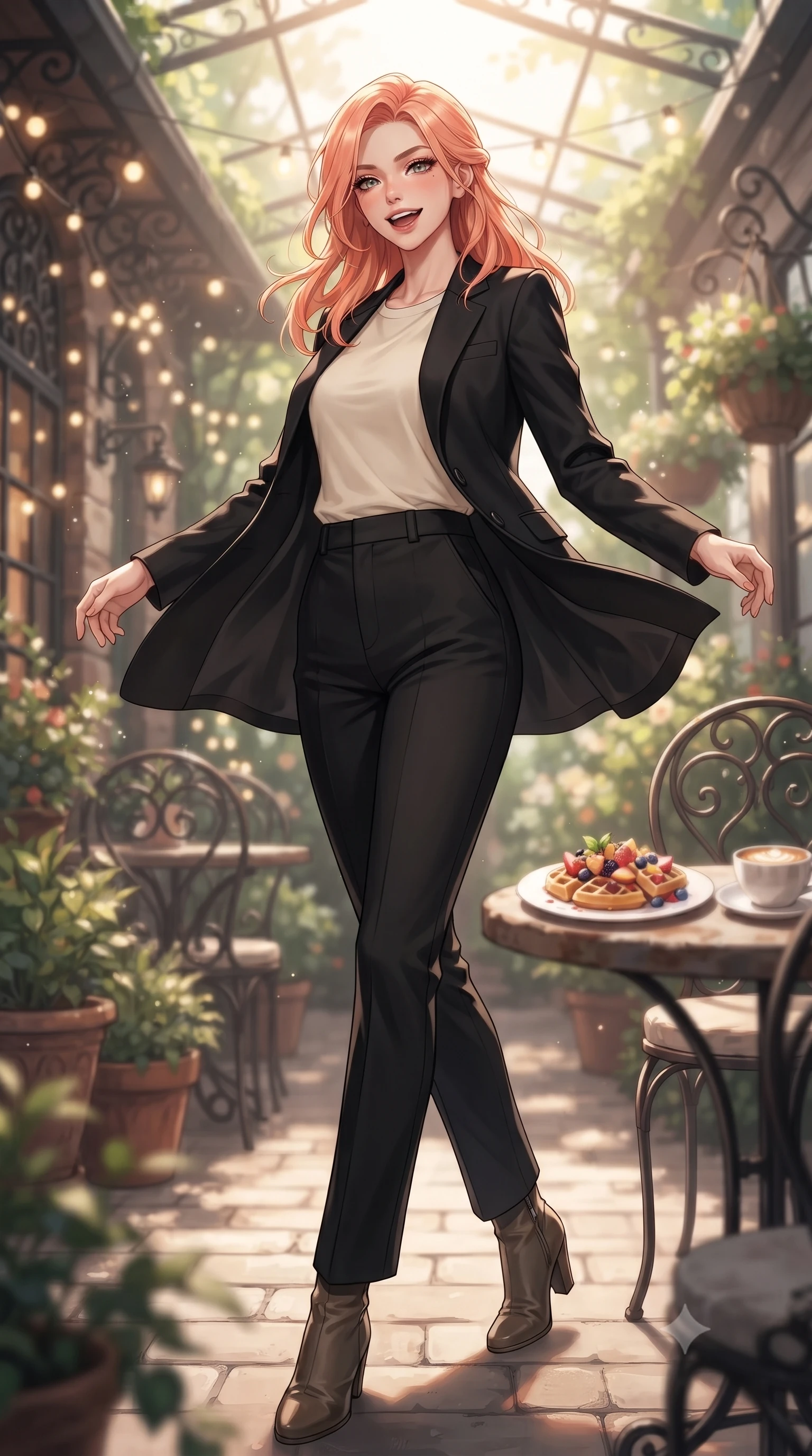 score_9, masterpiece, best quality, ultra-detailed, high-budget anime keyframe, editorial fashion photography, tasteful artistic composition, Japanese woman. low angle full-body shot from head to toe showing her feet, filling the entire 9:16 vertical frame with her statuesque presence, stretching her vertical silhouette. twirling around with a playful, sensual laugh, her dress fluttering elegantly to accent her waistline set against a soft-focus background of at an outdoor garden table of a cozy Italian bistro decorated with fairy lights with a plate of fresh fruit waffles and a cup of coffee on the table. She has an absolutely perfect, statuesque 8.5-heads proportion, an exceptionally tall and slender model-like female figure with impossibly long slender legs and an ultra-slim waist. sharp v-shaped jawline, high-bridge nose, intricate jewel-like eyes with depth, thick eyelashes, glossy lips with a natural sheen. wearing tailored classic tailored blazer in black, worn over a simple cream tee and tailored pants. crisp morning sun rays creating a fresh and energetic breakfast atmosphere. ultra-reflective glossy finish, specular highlights, metallic sheen, high-contrast stereoscopic depth, volumetric dynamic lighting, 2k, ultra detail, master piece, 9:16 ratio