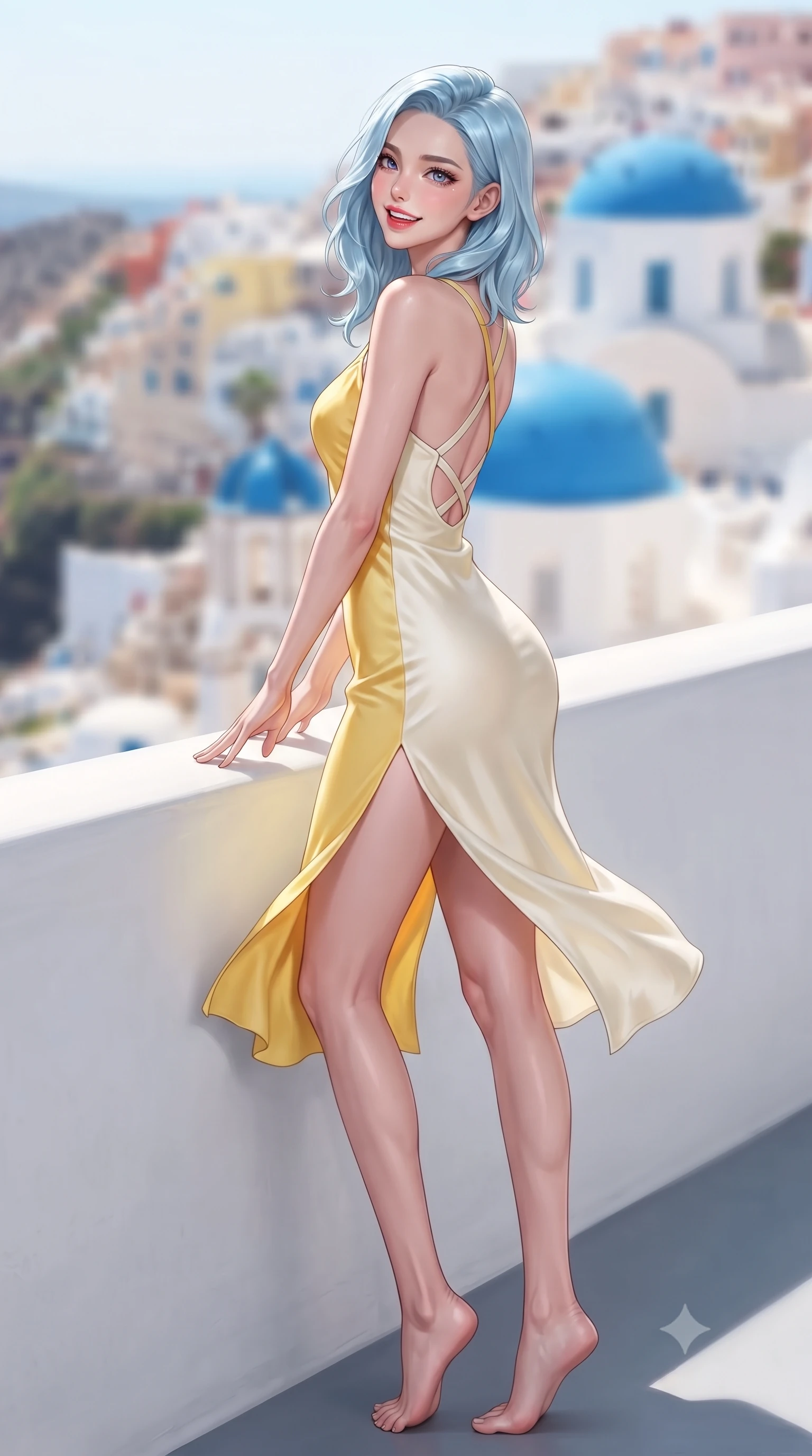 score_9, masterpiece, best quality, ultra-detailed, high-budget anime keyframe, editorial fashion photography, tasteful artistic composition, Korean woman. low angle full-body shot from head to toe showing her feet, filling the entire 9:16 vertical frame with her statuesque presence, stretching her vertical silhouette. executing a cheerful mid-motion pivot turn as her skirt flutters around her slender legs, glancing over her shoulder with an intoxicating, teasing cute expression while leaning against the smooth white parapet with hips cocked back, looking over her shoulder with playful, flirtatious bedroom-eyes above the blue sea. The composition keeps background elements in soft focus with dreamy creamy bokeh. cascading whitewashed cliffside villas and iconic cobalt blue church domes blurred into vibrant azure, coral, and pure white bokeh. She has an exceptionally tall and slender model-like 8.5-heads proportion, an ultra-slim waist, a flat toned midriff, narrow delicate ribcage, and beautifully sculpted feminine hips creating a graceful, slim hourglass silhouette without any bulky heaviness, with impossibly long slender legs. sharp v-shaped jawline, high-bridge nose, intricate jewel-like sparkling eyes with depth, thick eyelashes, glossy parted lips with a natural peach sheen, bright cheerful beaming smile with an enchanting and coquettish sensual glint, exuding both youthful cute charm and seductive allure, flawlessly proportioned anatomical accuracy, strict slender model proportions, natural body alignment, perfectly sculpted long slender limbs, ultra-slim waistline, clean dynamic posture without body distortion. wearing a breezy silk-satin slip dress featuring a thigh-high side slit ascending to the high hip and criss-cross back straps in bright butter yellow and fresh cream white, formed from supple second-skin stretch ribbed knit clinging to her form, finished with neat front wooden buttons and delicate pocket details, the form-fitting cut adhering flawlessly to her sculpted flat midriff and slender torso, emphasizing her long leg lines and perfectly proportioned willowy build. illuminated by crisp directional highlights sharply defining her razor-sharp jawline, narrow waist, and curvy hips. ultra-reflective glossy finish, specular highlights, rich textural contrasts, high-contrast stereoscopic depth, volumetric dynamic lighting, 2k, ultra detail, master piece, 9:16 ratio
