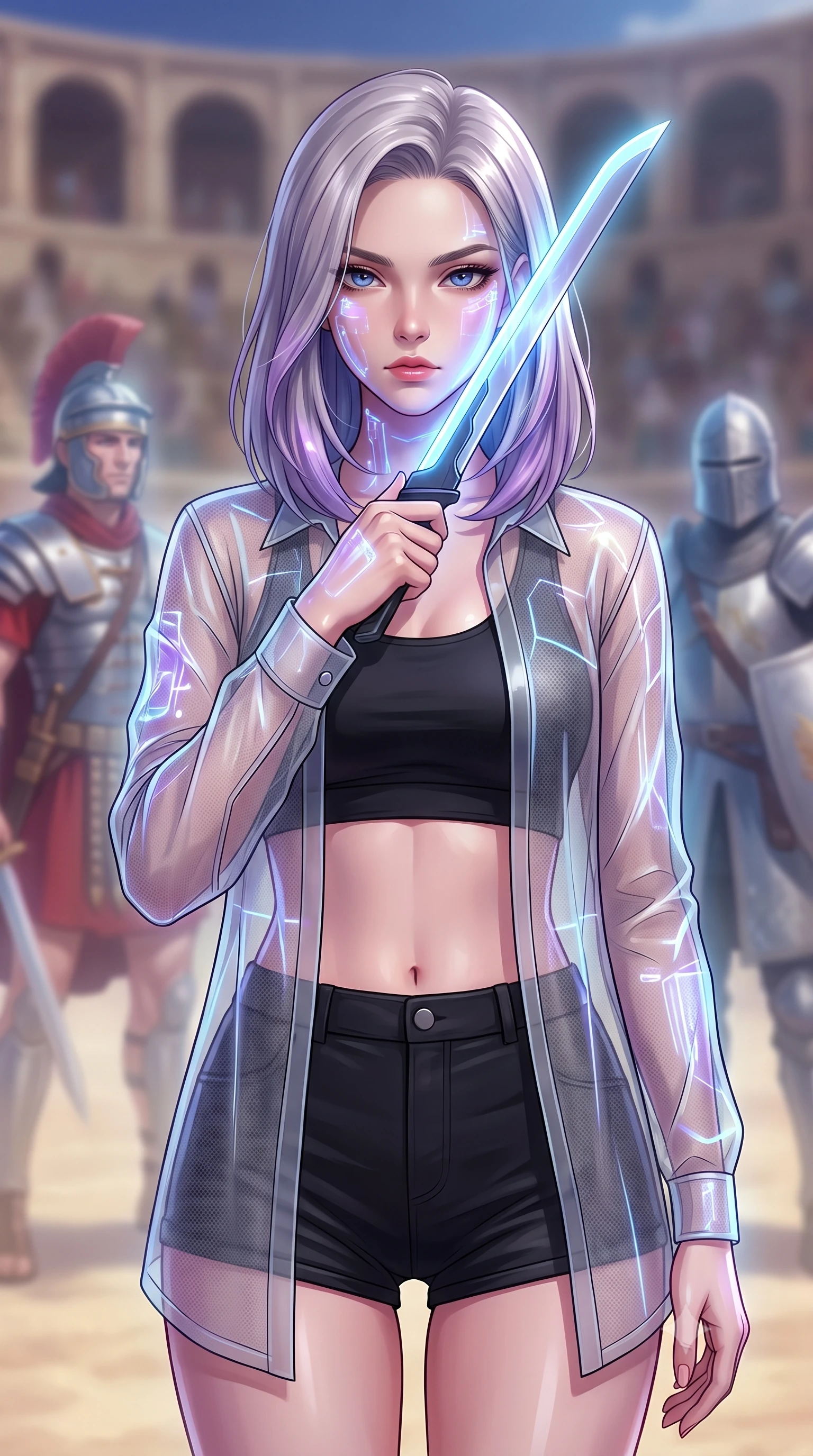 score_9, masterpiece, best quality, ultra-detailed, high-budget anime keyframe, editorial fashion photography, tasteful artistic composition, Caucasian woman. close-up cowboy shot from the waist and thighs up, the character dominates the composition, filling the frame with her large presence, background elements kept in soft focus. pressing the flat side of a glowing vibro-blade against her cheek, locking eyes with the viewer with bedroom-eyes, the background shows a soft-focus an ancient arena where phantom echoes of historical warriors replay in loops. She has an exceptionally elegant, slender, and willowy female figure with an ultra-slim waist, a gracefully sculpted slender torso, and a refined silhouette. sharp v-shaped jawline, high-bridge nose, intricate jewel-like eyes with depth, thick eyelashes, glossy lips with a natural sheen. wearing a tailored lightweight carbon-mesh cover-up shirt worn open over a crop top and high-cut combat shorts. translucent holographic projections casting pale blue and violet highlights. highly saturated vibrant anime colors, detailed shading with soft gradients, rich glossy textures, high-contrast stereoscopic depth, volumetric dynamic lighting, master piece, 9:16 ratio