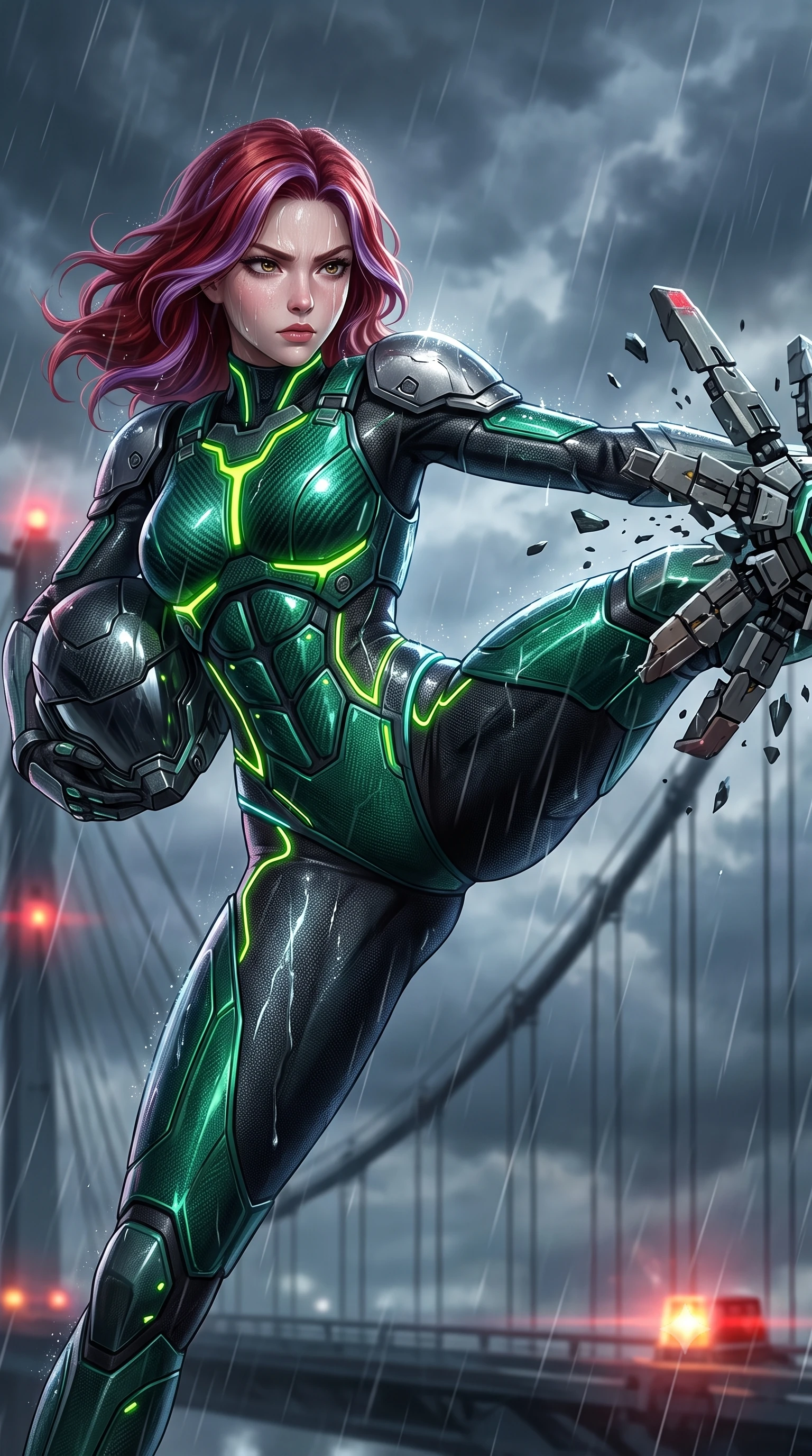 score_9, masterpiece, best quality, ultra-detailed, high-budget anime keyframe, semi-realistic 3D game render, editorial fashion photography, tasteful artistic composition, Caucasian woman. close-up cowboy shot from the waist and thighs up, the character dominates the composition, filling the frame with her large presence. shifting into a low cat-stance with arms crossed defensively, glowing energy conduits tracing her ultra-slim waist and sculpted clavicle while delivering a high-velocity flying side-kick that shatters a defense drone mid-air against the stormy clouds. The composition keeps background elements in soft focus with creamy bokeh. skybridge suspension cables and flashing warning beacons softened in dramatic shallow focus. She has an exceptionally elegant, slender, and willowy female figure with an ultra-slim waist, a gracefully sculpted slender torso, toned flat midriff, and a refined slim silhouette. sharp v-shaped jawline, high-bridge nose, intricate jewel-like eyes with depth, thick eyelashes, glossy lips with a natural sheen, fierce and resolute heroine expression, flawlessly proportioned anatomical accuracy, strict slender model proportions, natural body alignment, perfectly sculpted long slender limbs, ultra-slim waistline, clean dynamic posture without body distortion. holding a modular carbon battle-helmet under one arm, her flawless face and sculpted neck exposed to the rain with determined warrior focus, paired with a heavy modular carbon-fiber combat cuirass paired with a second-skin tactical leotard and reinforced titanium shoulder pauldrons in toxic emerald green carbon composite with glowing lime warning channels, crafted from semi-translucent cybernetic carbon-vinyl interwoven with glowing micro-filaments, accented with glowing fiber-optic telemetry conduits tracing her collarbones and hip curves, the glove-like aerodynamic second-skin fit tightly clinging to her ultra-slender waist and athletic curves without adding bulk, accentuating her razor-sharp statuesque lines and slim hourglass silhouette. illuminated by crisp specular highlights tracing her sculpted flat midriff, bare spine, and slender limbs. rich saturated anime colors with glowing neon highlights, detailed shading with soft gradients, rich glossy textures, high-contrast stereoscopic depth, volumetric dynamic lighting, master piece, 9:16 ratio