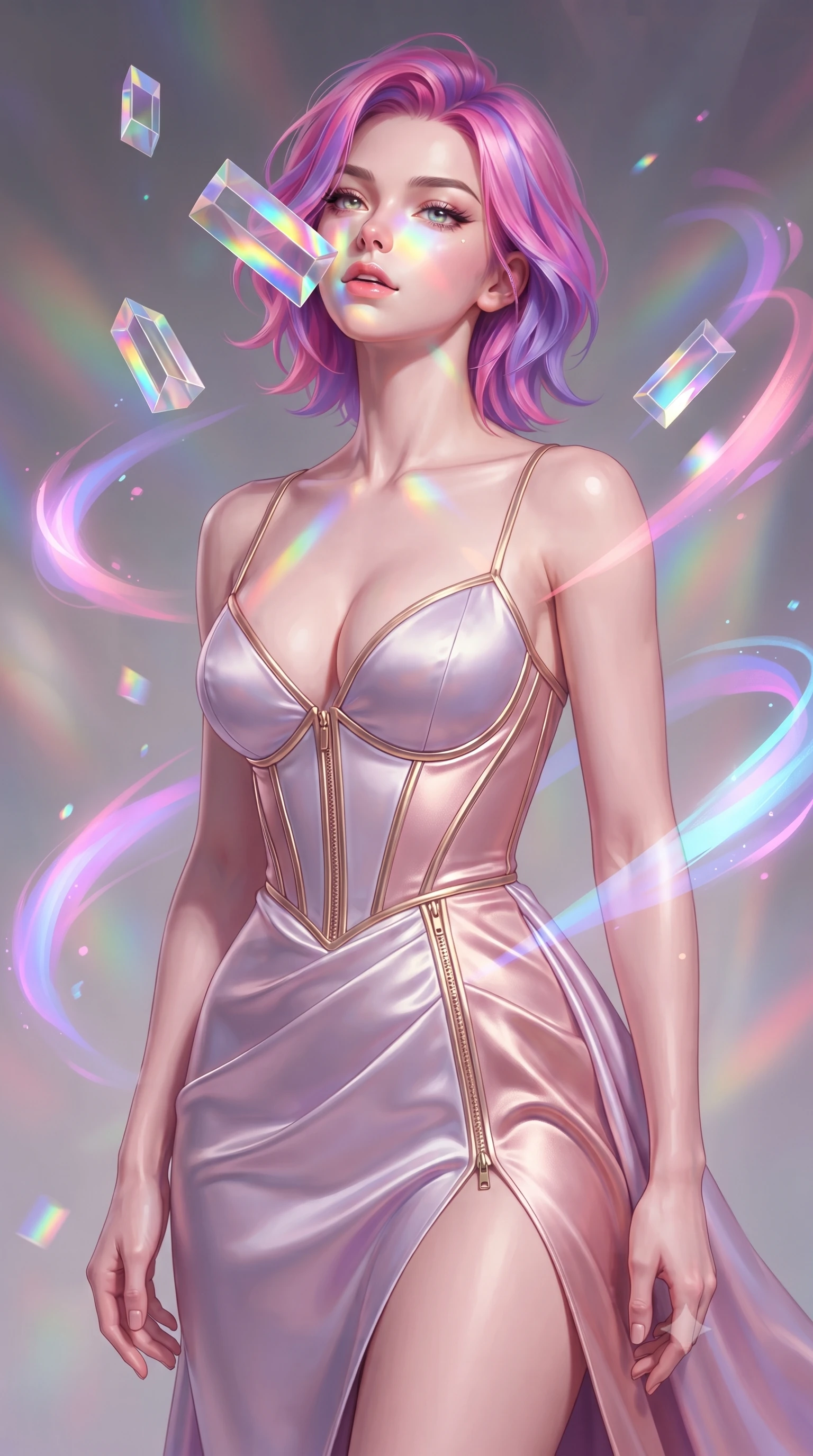 score_9, masterpiece, best quality, ultra-detailed, high-budget anime keyframe, editorial fashion photography, tasteful artistic composition, Caucasian woman. close-up cowboy shot from the waist and thighs up, the character dominates the composition, filling the frame with her large presence, background elements kept in soft focus. Tilting her chin up slightly with lips parted in a composed, magnetic expression, interacting with floating glass prisms that refract liquid light into rainbows, glowing neon brushstrokes floating poetically around her silhouette. She has an exceptionally elegant, slender, and willowy female figure with an ultra-slim waist, a gracefully sculpted slender torso, and a refined silhouette. sharp v-shaped jawline, high-bridge nose, intricate jewel-like eyes with depth, thick eyelashes, glossy lips with a natural sheen. wearing low-cut structured bodice gown in liquid pearl with high leg slit in pastel lavender violet, made of soft rose-gold satin, finished with metallic gold boning and sleek zipper points, sculpting her athletic slender build with refined precision. illuminated by brilliant multi-color rainbow light refracting through glass. highly saturated vibrant anime colors, detailed shading with soft gradients, rich glossy textures, high-contrast stereoscopic depth, volumetric dynamic lighting, master piece, 9:16 ratio