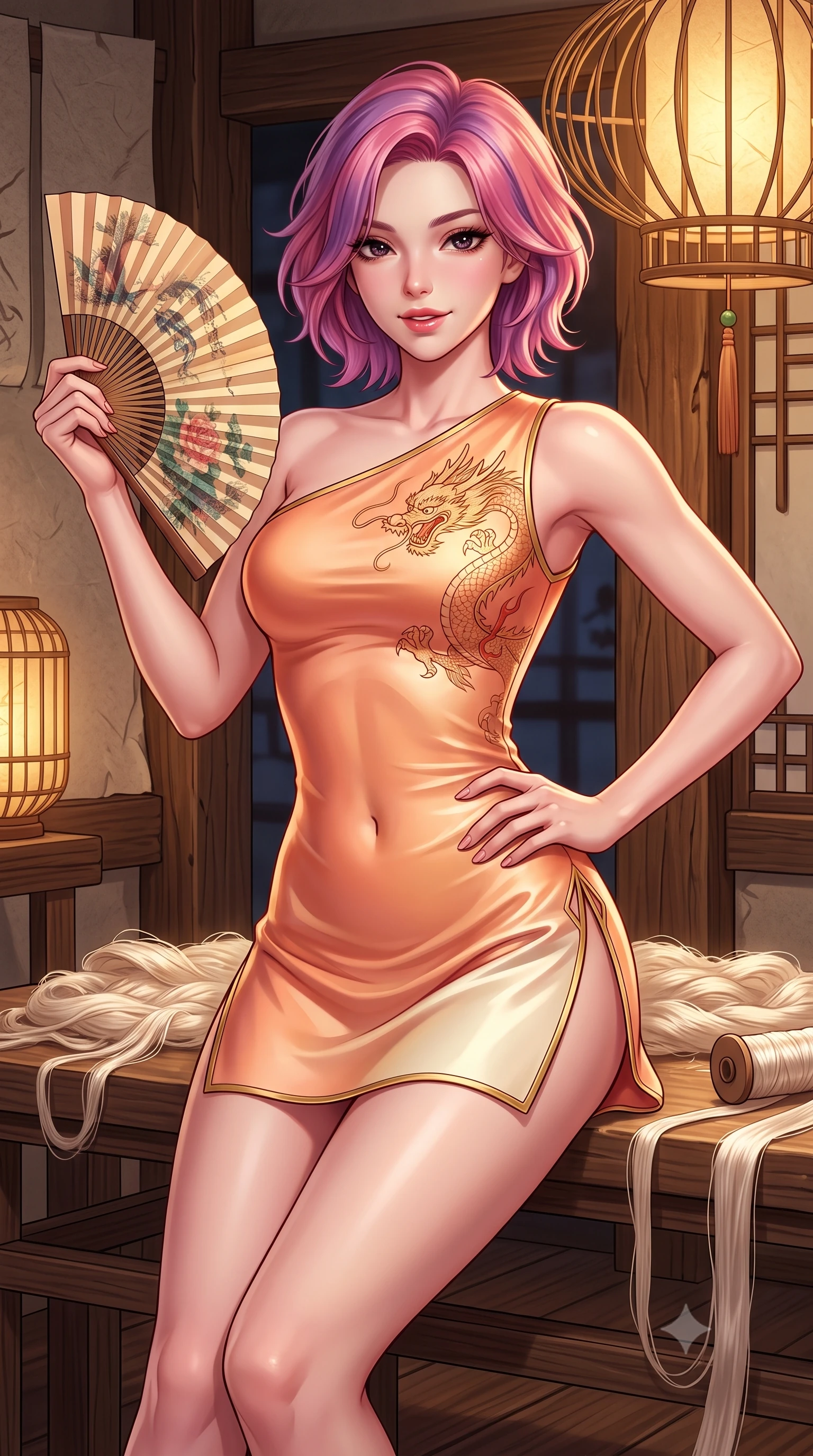 score_9, masterpiece, best quality, ultra-detailed, high-budget anime keyframe, semi-realistic 3D game render, editorial fashion photography, tasteful artistic composition, Caucasian woman. close-up cowboy shot from the waist and thighs up, the character dominates the composition, filling the frame with her large presence. twisting her slender torso in an alluring contrapposto stance, one hand resting on her sculpted hip while holding a traditional silk folding fan with effortless poise while lounging gracefully across a low wooden workbench covered in raw silk fibers, her flat midriff and long slender limbs radiant in warm candlelight. The surrounding environment is rendered in vivid detail and crisp panoramic clarity: sharp mulberry paper fiber textures, rough-hewn oak timber grain, and delicate paper lantern framework in deep focus. She has an exceptionally elegant, slender, and willowy female figure with an ultra-slim waist, flat toned midriff, narrow ribcage, and sculpted feminine hips creating an alluring, slim hourglass silhouette without bulk. sharp v-shaped jawline, high-bridge nose, intricate jewel-like dark sparkling almond eyes with depth, thick lashes, glossy parted lips with a natural rose-plum sheen, bright alluring and coquettish smile with bedroom-eyes, exuding both timeless oriental elegance and sovereign high-fashion allure, flawlessly proportioned anatomical accuracy, strict slender model proportions, natural body alignment, perfectly sculpted long slender limbs, ultra-slim waistline, clean dynamic posture without body distortion. wearing an asymmetric one-shoulder dragon-embroidered silk mini dress hugging her narrow waist and rounded feminine hips in warm peach apricot and soft vanilla silk, crafted from heavy fluid silk satin with a liquid mirror-like sheen, finished with sharp laser-cut side hip slits framed by gold piping, the form-contouring cut accentuating her sculpted flat midriff, narrow delicate ribcage, and gracefully curvy hips with regal oriental supermodel elegance. bathed in warm diffuse amber lantern light filtered through translucent mulberry paper. highly saturated vibrant anime colors, detailed shading with soft gradients, rich glossy textures, high-contrast stereoscopic depth, volumetric dynamic lighting, master piece, 9:16 ratio