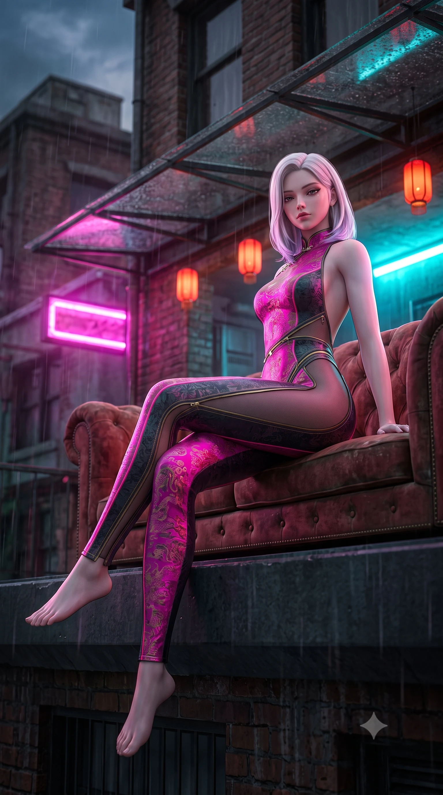 score_9, masterpiece, best quality, ultra-detailed, high-budget anime keyframe, semi-realistic 3D game render, editorial fashion photography, tasteful artistic composition, Caucasian woman. low angle full-body shot from head to toe showing her feet, filling the entire 9:16 vertical frame with her statuesque presence, stretching her vertical silhouette. sitting perched on the elevated edge with hips angled toward the camera and legs crossed, displaying her toned midriff and flawlessly sculpted slender limbs while reclining on a vintage velvet Chesterfield sofa inside a rain-streaked rooftop teahouse, one knee drawn up in a seductive Cleopatra pose. The composition keeps background elements in soft focus with creamy bokeh. rain-streaked glass awnings and weathered brick penthouse facades softened in moody cinematic focus. She has an absolutely perfect, statuesque 8.5-heads proportion, an exceptionally tall and slender model-like female figure with impossibly long slender legs, a toned flat midriff, an ultra-slim waist, and beautifully sculpted feminine hips. sharp v-shaped jawline, high-bridge nose, intricate jewel-like eyes with depth, thick eyelashes, glossy parted lips with a natural sheen, intensely captivating and seductive bedroom-eyes expression, flawlessly proportioned anatomical accuracy, strict slender model proportions, natural body alignment, perfectly sculpted long slender limbs, ultra-slim waistline, clean dynamic posture without body distortion. wearing a second-skin vinyl cheongsam catsuit with sheer mesh side panels tracing the full curve of her hip in blazing neon magenta and deep charcoal, woven from fine textured silk brocade with woven gold thread, accented with diagonal metal zippers running across the side-waist cutouts, the dramatically scooped open back descending to the base of her spine, accentuating her razor-sharp statuesque lines and curvy hourglass silhouette. bathed in vibrant magenta and electric cyan neon light contrasting with warm lantern scarlet downlights. highly saturated vibrant anime colors, detailed shading with soft gradients, rich glossy textures, high-contrast stereoscopic depth, volumetric dynamic lighting, master piece, 9:16 ratio