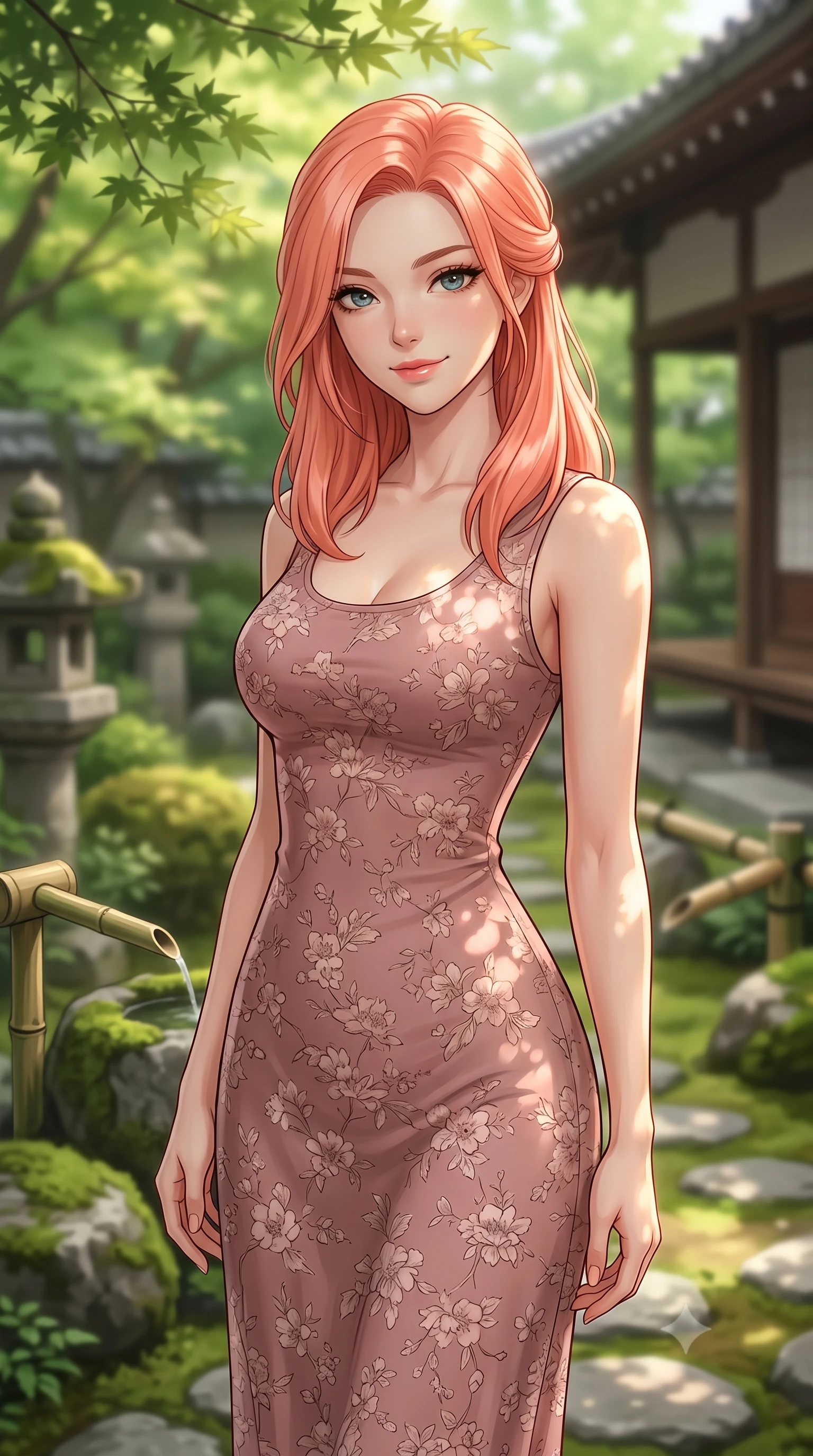 score_9, masterpiece, best quality, ultra-detailed, high-budget anime keyframe, editorial fashion photography, tasteful artistic composition, Japanese woman woman. close-up cowboy shot from the waist and thighs up, the character dominates the composition, filling the frame with her large presence, background elements kept in soft focus. tilting her head slightly with a gentle, friendly smile under the warm sun the background shows a soft-focus a green moss garden of a traditional Zen temple, with stone lanterns and bamboo water pipes. She has an exceptionally elegant, slender, and willowy female figure with an ultra-slim waist, a gracefully sculpted slender torso, and a refined silhouette. sharp v-shaped jawline, high-bridge nose, intricate jewel-like eyes with depth, thick eyelashes, glossy lips with a natural sheen. wearing a body-hugging floral print maxi dress in dusty rose cotton with a simple scoop neck. soft, diffused green light filtering through the maple tree canopy. 2k, ultra detail, master piece, 9:16 ratio