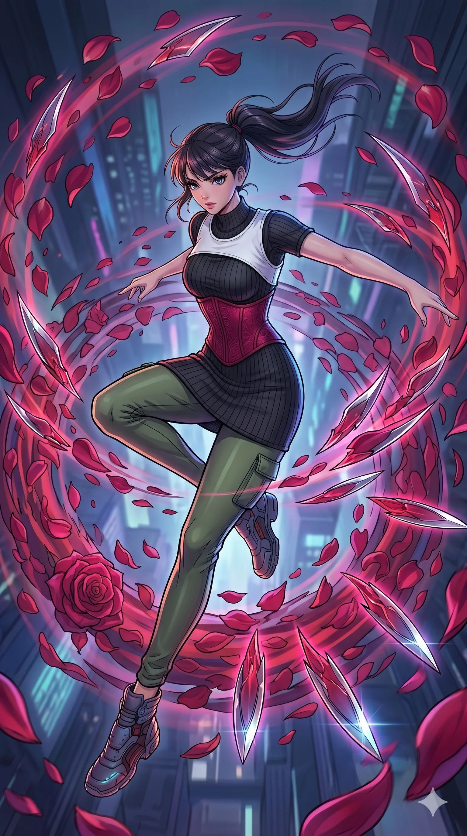 score_9, masterpiece, best quality, ultra-detailed, high-budget anime movie keyframe, cinematic anime lighting, intricate line art, Caucasian (strictly human ears) woman. Extreme high angle shot as she leaps towards the camera, filling the frame. spinning in a whirlwind of rose petals that turn into blades. She has an absolutely perfect 8-heads proportion, an exceptionally tall and slender female figure with graceful and slender proportions. strictly human anatomy, two legs only, no extra limbs, clearly defined legs and arms, perfect anatomy, perfect hands and fingers. sharp v-shaped jawline, high-bridge nose, intricate jewel-like eyes, thick eyelashes, glossy lips. Wearing Urban Trendsetter: Ribbed bodycon dress, crop top with high-waist denim, and elegant corset with cargo pants. The scene is illuminated by dramatic atmospheric lighting and vibrant color palettes. , 2k, ultra detail, master piece, 9:16 ratio