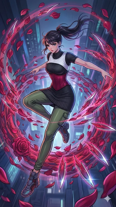 score_9, masterpiece, best quality, ultra-detailed, high-budget anime movie keyframe, cinematic anime lighting, intricate line art, Caucasian (strictly human ears) woman. Extreme high angle shot as she leaps towards the camera, filling the frame. spi