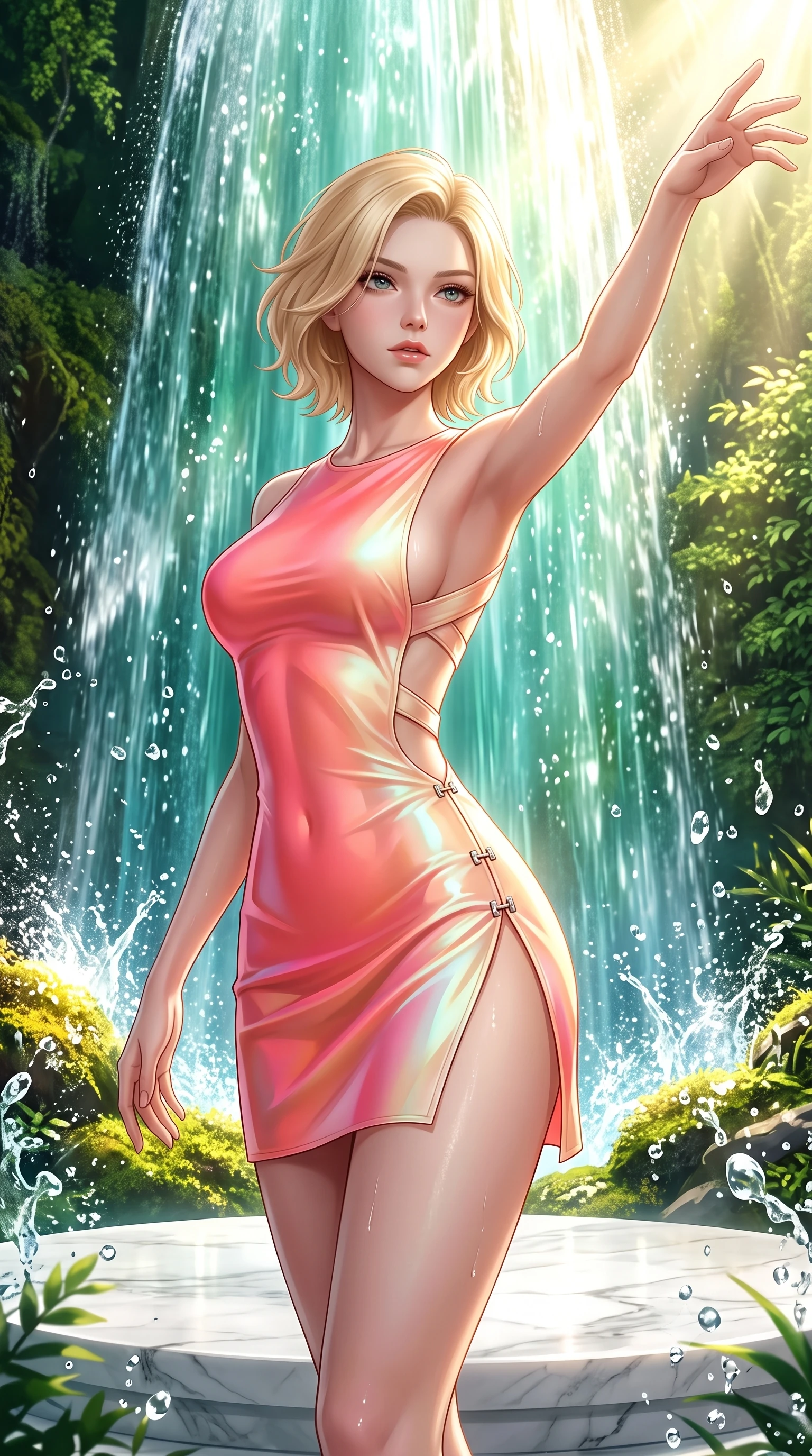 score_9, masterpiece, best quality, ultra-detailed, high-budget anime keyframe, semi-realistic 3D game render, editorial fashion photography, tasteful artistic composition, Caucasian woman. close-up cowboy shot from the waist and thighs up, the character dominates the composition, filling the frame with her large presence. extending one arm gracefully toward the light while her torso arches in a sleek, alluring curve with magnetic intensity while standing beneath a sun-drenched cascading waterfall of pure emerald water on a polished white marble dais. The surrounding environment is rendered in vivid detail and crisp panoramic clarity. sharp water droplet splashes, cascading waterfall spray textures, and sunlit moss in high resolution. She has an exceptionally elegant, slender, and willowy female figure with an ultra-slim waist, a gracefully sculpted slender torso, toned flat midriff, and a refined slim silhouette. sharp v-shaped jawline, high-bridge nose, intricate jewel-like eyes with depth, thick eyelashes, glossy lips with a natural sheen, flawlessly proportioned anatomical accuracy, strict slender model proportions, natural body alignment, perfectly sculpted long slender limbs, ultra-slim waistline, clean dynamic posture without body distortion. wearing a second-skin fashion-latex mini dress with a clean architectural front, featuring an open-back design that wraps around the sides of her waist, showcasing her slender silhouette in radiant coral pink and champagne ivory, made of smooth iridescent silk chiffon that shifts colors with movement, finished with an ultra-high side slit secured by miniature magnetic clasps, the glove-like aerodynamic second-skin fit tightly clinging to her ultra-slender waist and athletic curves without adding bulk, accentuating her razor-sharp statuesque lines and slim hourglass silhouette. surrounded by a pristine, refreshing, and intensely seductive natural sanctuary atmosphere. highly saturated vibrant anime colors, detailed shading with soft gradients, rich glossy textures, high-contrast stereoscopic depth, volumetric dynamic lighting, master piece, 9:16 ratio