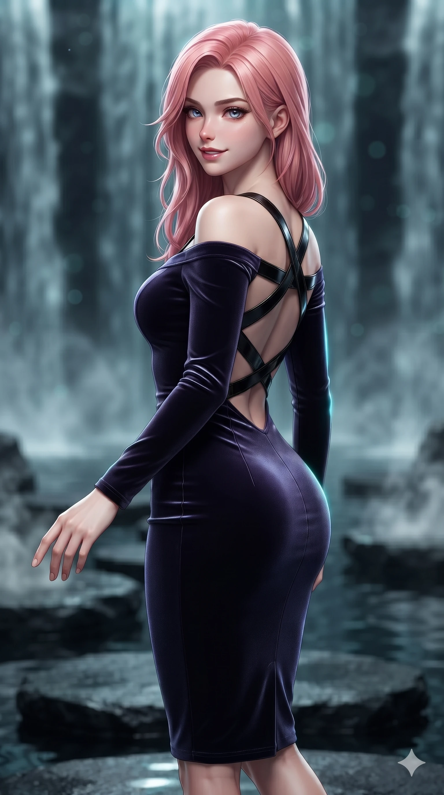 score_9, masterpiece, best quality, ultra-detailed, high-budget anime keyframe, editorial fashion photography, tasteful artistic composition, Japanese woman. close-up cowboy shot from the waist and thighs up, the character dominates the composition, filling the frame with her large presence. reaching one hand toward the viewer with relaxed dark elegance, her sculpted waistline catching specular highlights while stepping gracefully from stone to stone across the midnight water garden, hips swaying in an alluring sensual rhythm. The background shows a soft-focus vertical cascading water walls, floating black volcanic stone pathways, and rising water vapor blurred into charcoal, teal, and slate bokeh. She has an exceptionally elegant, slender, and willowy female figure with an ultra-slim waist, flat toned midriff, narrow ribcage, and sculpted feminine hips creating an alluring, slim hourglass silhouette without bulk. sharp v-shaped jawline, high-bridge nose, intricate jewel-like dark sparkling eyes with hypnotic seductive depth, thick curled eyelashes, glossy parted lips with a natural wine sheen, alluring bedroom-eyes with an enigmatic smoldering smile, exuding magnetic sovereign charisma and dark avant-garde glamour, flawlessly proportioned anatomical accuracy, strict slender model proportions, natural body alignment, perfectly sculpted long slender limbs, ultra-slim waistline, clean dynamic posture without body distortion. wearing a form-contouring off-shoulder dark velvet bodycon midi dress with low-back scoop in iridescent dark violet taffeta and midnight indigo, made of fluid liquid jersey with seamless sculpting hold and smooth contours, featuring an open-back criss-cross harness strap in patent black leather, contouring every curve with an exceptionally elegant silhouette and captivating allure. illuminated by water reflection upward bounce and sharp electric-cyan rim lights defining her razor-sharp jawline, narrow waist, and curvy hips. ultra-reflective glossy finish, specular highlights, metallic sheen, high-contrast stereoscopic depth, volumetric dynamic lighting, 2k, ultra detail, master piece, 9:16 ratio