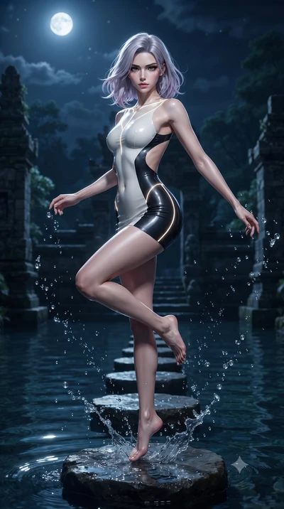 score_9, masterpiece, best quality, ultra-detailed, high-budget anime keyframe, editorial fashion photography, tasteful artistic composition, Caucasian woman. low angle full-body shot from head to toe showing her feet, filling the entire 9:16 vertica