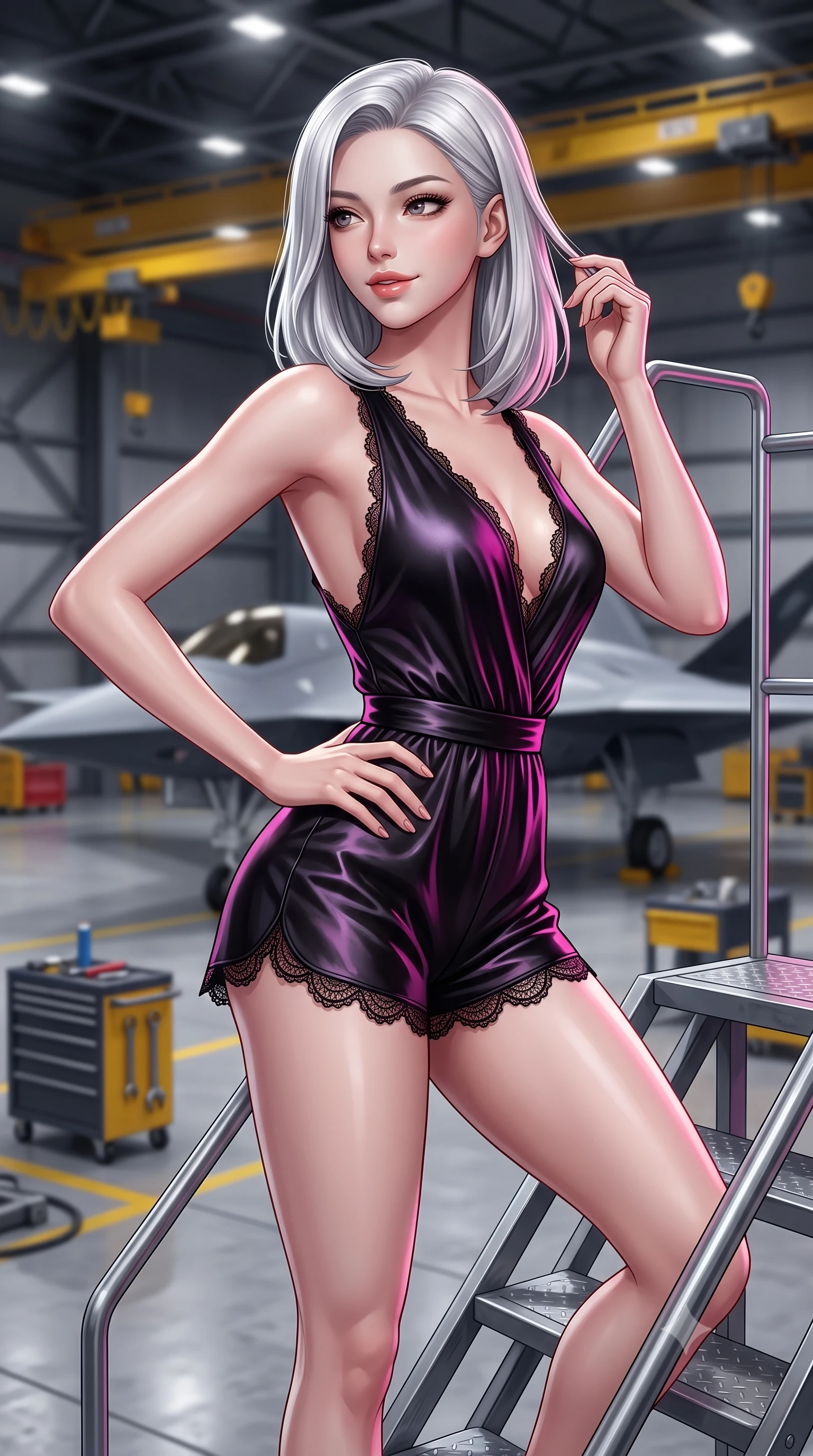 score_9, masterpiece, best quality, ultra-detailed, high-budget anime keyframe, semi-realistic 3D game render, editorial fashion photography, tasteful artistic composition, Korean woman. close-up cowboy shot from the waist and thighs up, the character dominates the composition, filling the frame with her large presence. twisting her slender torso in an alluring contrapposto stance, one hand resting on her sculpted hip while her fingers toy with her hair with effortless poise while standing poised on the mobile maintenance gantry stairs, looking back over a bare shoulder toward the vast hangar floor. The background shows a soft-focus the swept delta wings of the stealth drone, yellow hangar cranes, and tool carts blurred into charcoal, caution yellow, and silver bokeh. She has an exceptionally elegant, slender, and willowy female figure with an ultra-slim waist, flat toned midriff, narrow ribcage, and sculpted feminine hips creating an alluring, slim hourglass silhouette without bulk. sharp v-shaped jawline, high-bridge nose, sparkling eyes with hypnotic seductive depth, thick curled eyelashes, glossy parted lips with a natural dewy peach sheen, alluring bedroom-eyes with an enchanting coquettish smile, exuding magnetic siren charisma and sophisticated glamour, flawlessly proportioned anatomical accuracy, strict slender model proportions, natural body alignment, perfectly sculpted long slender limbs, ultra-slim waistline, clean dynamic posture without body distortion. wearing a deep V-neck silk satin ballerina romper with scalloped eyelash-lace hems and a cinched satin waist ribbon in wet-look onyx black with electric magenta reflections, woven from buttery-soft stretch lambskin leather adhering to her body like a second skin, finished with scalloped eyelash lace trim framing her sweetheart neckline with intimate elegance, the liquid-tight tailored fabric clinging flawlessly to her narrow waist and rounded feminine hips, emphasizing every millimeter of her sculpted slim hourglass curves without any bulky heaviness. bathed in high-altitude aerospace hangar floodlights mixed with amber safety strobe accents. highly saturated vibrant anime colors, detailed shading with soft gradients, rich glossy textures, high-contrast stereoscopic depth, volumetric dynamic lighting, master piece, 9:16 ratio