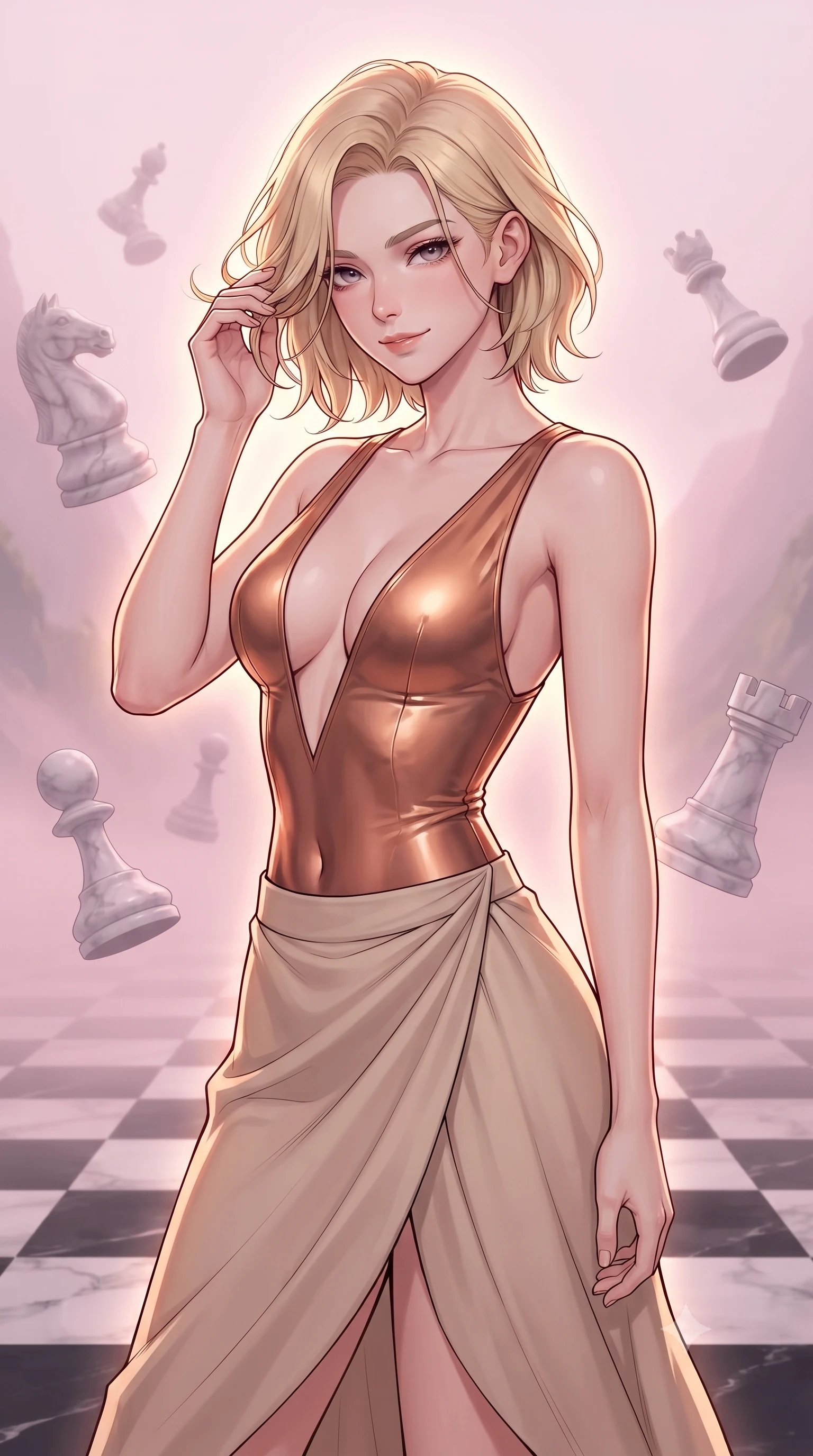 score_9, masterpiece, best quality, ultra-detailed, high-budget anime keyframe, gorgeous anime illustration, with clean line-art and distinct ink outlines, Caucasian woman, strictly human ears. close-up cowboy shot from the waist and thighs up, the character dominates the composition, filling the frame with her large presence, background elements kept in soft focus. Gently brushing hair from her face with an enigmatic half-smile. set against a soft-focus background of in a valley with a floor like a giant black-and-white checkered chessboard, where massive marble chess pieces float and rotate slowly in a dense pastel pink fog. She has an exceptionally elegant and slender, willowy female figure with an ultra-slim waist, a gracefully sculpted slender torso, and a refined slim physique. sharp v-shaped jawline, high-bridge nose, intricate jewel-like eyes with depth, thick eyelashes, glossy lips with a natural sheen. wearing a metallic copper bodysuit with a deep V-cut front, paired with a flowing beige wrap skirt. dramatic backlight creating a radiant halo effect around her entire silhouette. 2k, ultra detail, master piece, 9:16 ratio, vibrant anime color palette, detailed cel-shading with soft gradients, rich contrast, dynamic lighting, 2d animation style