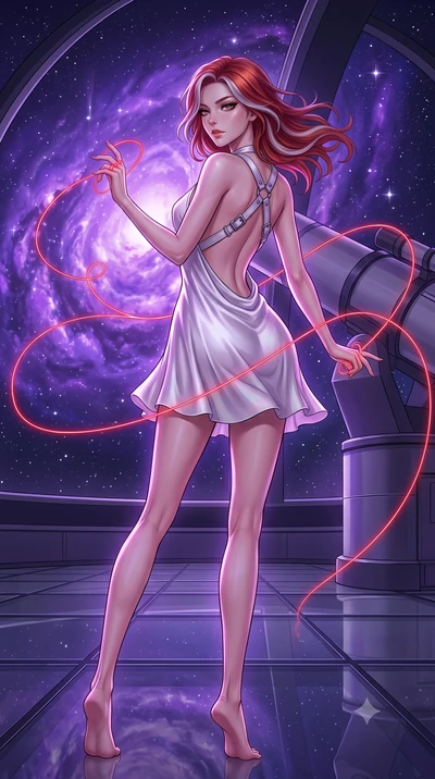 score_9, masterpiece, best quality, ultra-detailed, High-budget Anime Keyframe, Caucasian woman, strictly human ears. Dynamic full-body shot stretching the vertical silhouette to the limit. Scenario 521: tracing a glowing red thread of fate with her 