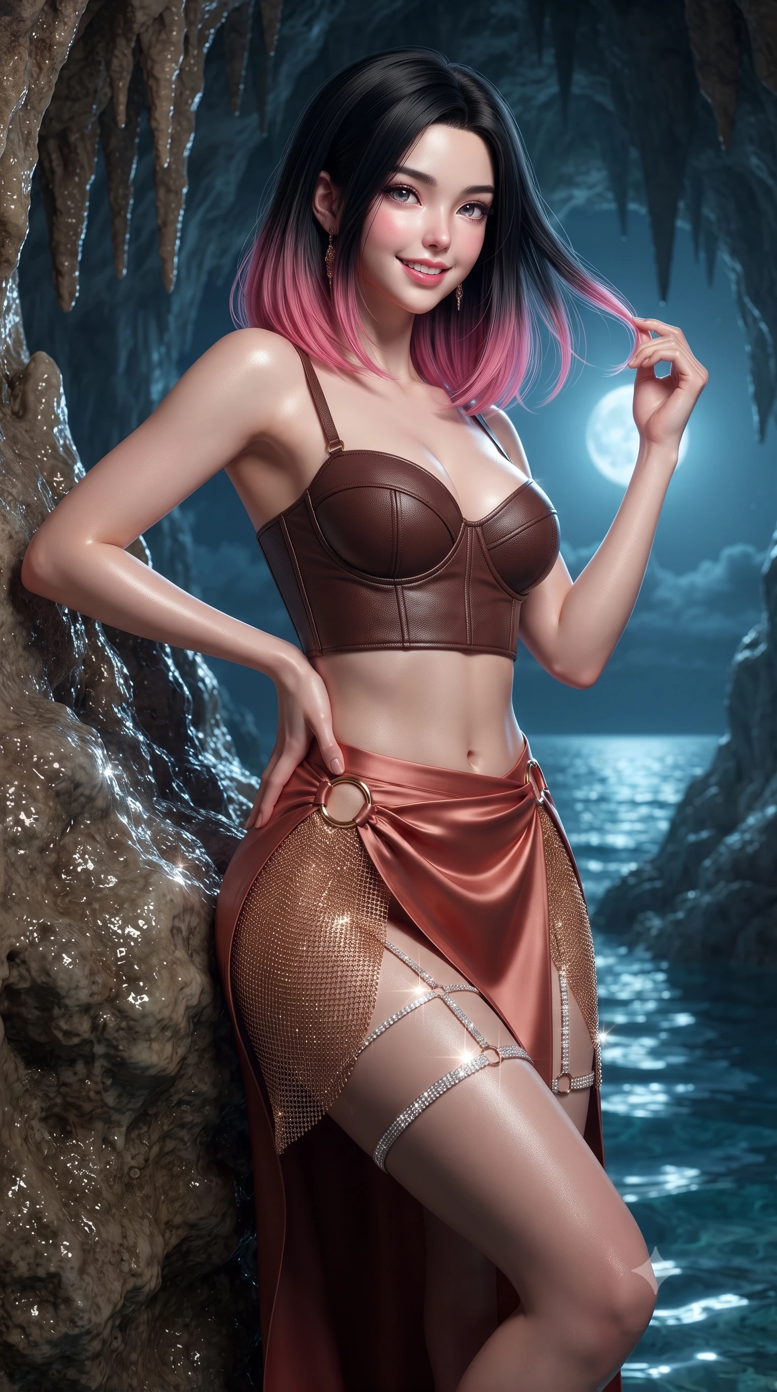 score_9, masterpiece, best quality, ultra-detailed, high-budget anime keyframe, editorial fashion photography, tasteful artistic composition, Korean woman. close-up cowboy shot from the waist and thighs up, the character dominates the composition, filling the frame with her large presence. twisting her slender torso in an alluring contrapposto stance, one hand resting on her sculpted hip while her fingers toy with her hair with effortless poise while leaning against the moist cavern wall with hips cocked back, looking toward the open moonlit sea with hypnotic bedroom-eyes. The surrounding environment is rendered in vivid detail and crisp panoramic clarity: sharp natural limestone stalactite textures, crystal-clear water meniscus, and damp rock surface glisten in deep focus. She has an exceptionally elegant, slender, and willowy female figure with an ultra-slim waist, flat toned midriff, narrow ribcage, and sculpted feminine hips creating an alluring, slim hourglass silhouette without bulk. sharp v-shaped jawline, high-bridge nose, intricate jewel-like sparkling eyes with depth, thick eyelashes, glossy parted lips with a natural peach sheen, bright cheerful beaming smile with an enchanting and coquettish sensual glint, exuding both youthful cute charm and seductive allure, flawlessly proportioned anatomical accuracy, strict slender model proportions, natural body alignment, perfectly sculpted long slender limbs, ultra-slim waistline, clean dynamic posture without body distortion. wearing a sculpted leatherette underwire bustier paired with a high-slit silk satin wrap skirt with gold ring hardware in Milanese terracotta rose and warm espresso, made of shimmering fluid gold chainmail mesh reflecting ambient chandelier light, finished with delicate crystal-encrusted thigh garter straps glinting in the dim light, the glove-like clinging cut tightly following the natural contour of her hips and long slender legs with youthful 8.5-heads elegance. illuminated by water caustics bounce and sharp platinum-cyan rim lights defining her razor-sharp jawline, narrow waist, and curvy hips. ultra-reflective glossy finish, specular highlights, rich textural contrasts, high-contrast stereoscopic depth, volumetric dynamic lighting, 2k, ultra detail, master piece, 9:16 ratio