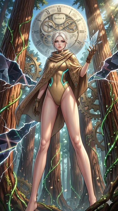 score_9, masterpiece, best quality, ultra-detailed, Set A: High-budget Anime Keyframe, Caucasian (human ears) woman. Low angle cowboy shot filling the entire 9:16 frame with her statuesque presence. Theme: Primal Nature. shattering the fabric of real
