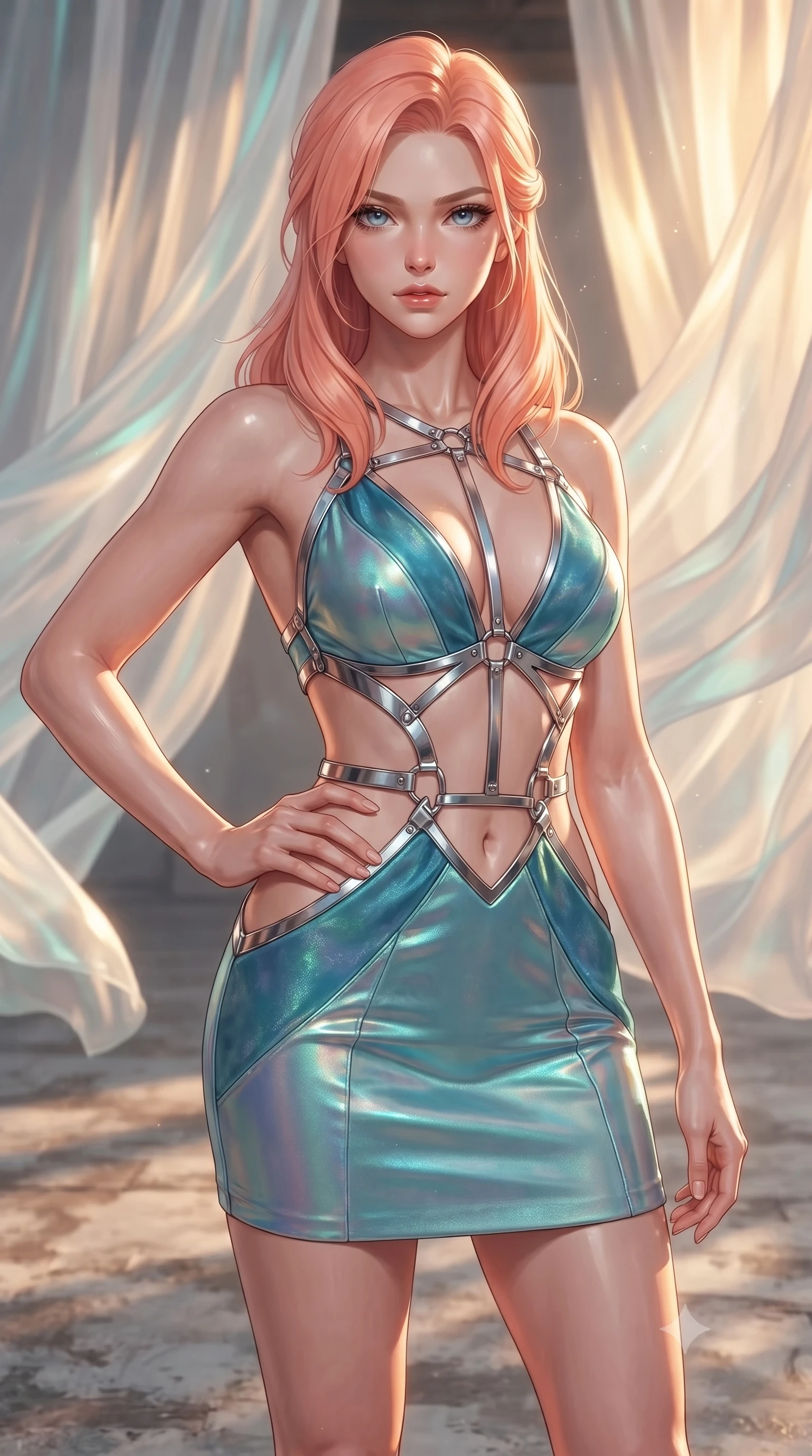 score_9, masterpiece, best quality, ultra-detailed, high-budget anime keyframe, editorial fashion photography, tasteful artistic composition, Japanese woman. close-up cowboy shot from the waist and thighs up, the character dominates the composition, filling the frame with her large presence, background elements kept in soft focus. Holding a confident power pose with one hand on her hip, navigating a windswept sanctuary filled with suspended silk curtains, dynamic fluid movement of flowing opal chiffon drapery in the sea wind. She has an exceptionally elegant, slender, and willowy female figure with an ultra-slim waist, a gracefully sculpted slender torso, and a refined silhouette. sharp v-shaped jawline, high-bridge nose, intricate jewel-like eyes with depth, thick eyelashes, glossy lips with a natural sheen. wearing dramatic open-waist cutout mini dress in opal velvet framed by chrome hardware in radiant platinum, made of iridescent turquoise taffeta, highlighted by a platinum metallic harness structure, the fitted fabric emphasizing her ultra-slim waist. illuminated by warm golden sunlight filtering through translucent opal chiffon. ultra-reflective glossy finish, specular highlights, metallic sheen, high-contrast stereoscopic depth, volumetric dynamic lighting, 2k, ultra detail, master piece, 9:16 ratio