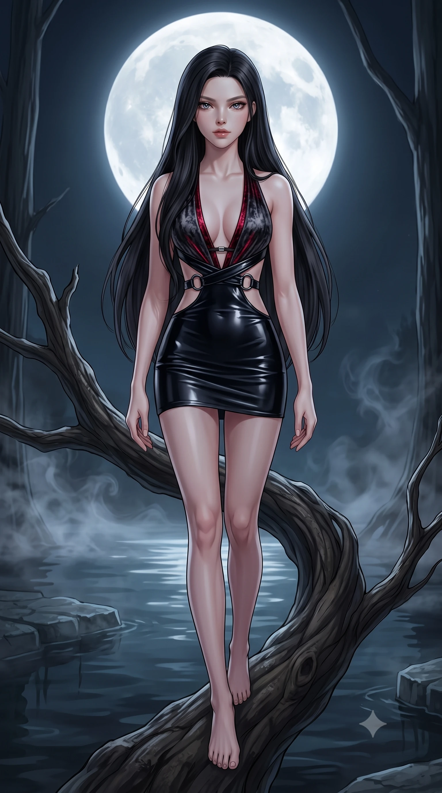 score_9, masterpiece, best quality, ultra-detailed, high-budget anime keyframe, semi-realistic 3D game render, editorial fashion photography, tasteful artistic composition, Korean woman. low angle full-body shot from head to toe showing her feet, filling the entire 9:16 vertical frame with her statuesque presence, stretching her vertical silhouette. striding forward in a proud, statuesque motion with a dangerous smolder, hips swaying with fierce allure, dominating the frame from head to toe while perched alluringly on a twisted black cypress branch rising out of mirror-still dark swamp water under a full moon. The surrounding environment is rendered in vivid detail and crisp panoramic clarity. sharp submerged stone edges, mist vapor swirls, and pale lunar crater patterns in high clarity. She has an absolutely perfect, statuesque 8.5-heads proportion, an exceptionally tall and slender model-like female figure with impossibly long slender legs, a toned flat midriff, and an ultra-slim waist. sharp v-shaped jawline, high-bridge nose, intricate jewel-like eyes with depth, thick eyelashes, glossy lips with a natural sheen, flawlessly proportioned anatomical accuracy, strict slender model proportions, natural body alignment, perfectly sculpted long slender limbs, ultra-slim waistline, clean dynamic posture without body distortion. wearing a second-skin midnight black latex mini dress with a dramatic open-back design wrapping around her waist and a plunging neckline in smoky charcoal grey and glowing crimson filaments, made of rich crushed velvet that catches deep directional light with soft gradients, detailed with polished gunmetal rings connecting the daring side-waist cutouts, the precision-cut daring openings accentuating her delicate midriff, graceful bare collarbones, and ultra-slim feminine waistline. surrounded by a primal, bewitching, and deeply provocative swamp-enchantress aura. rich saturated anime colors with deep moody shadows, detailed chiaroscuro shading with soft gradients, rich glossy textures, high-contrast stereoscopic depth, volumetric dynamic shadow lighting, master piece, 9:16 ratio