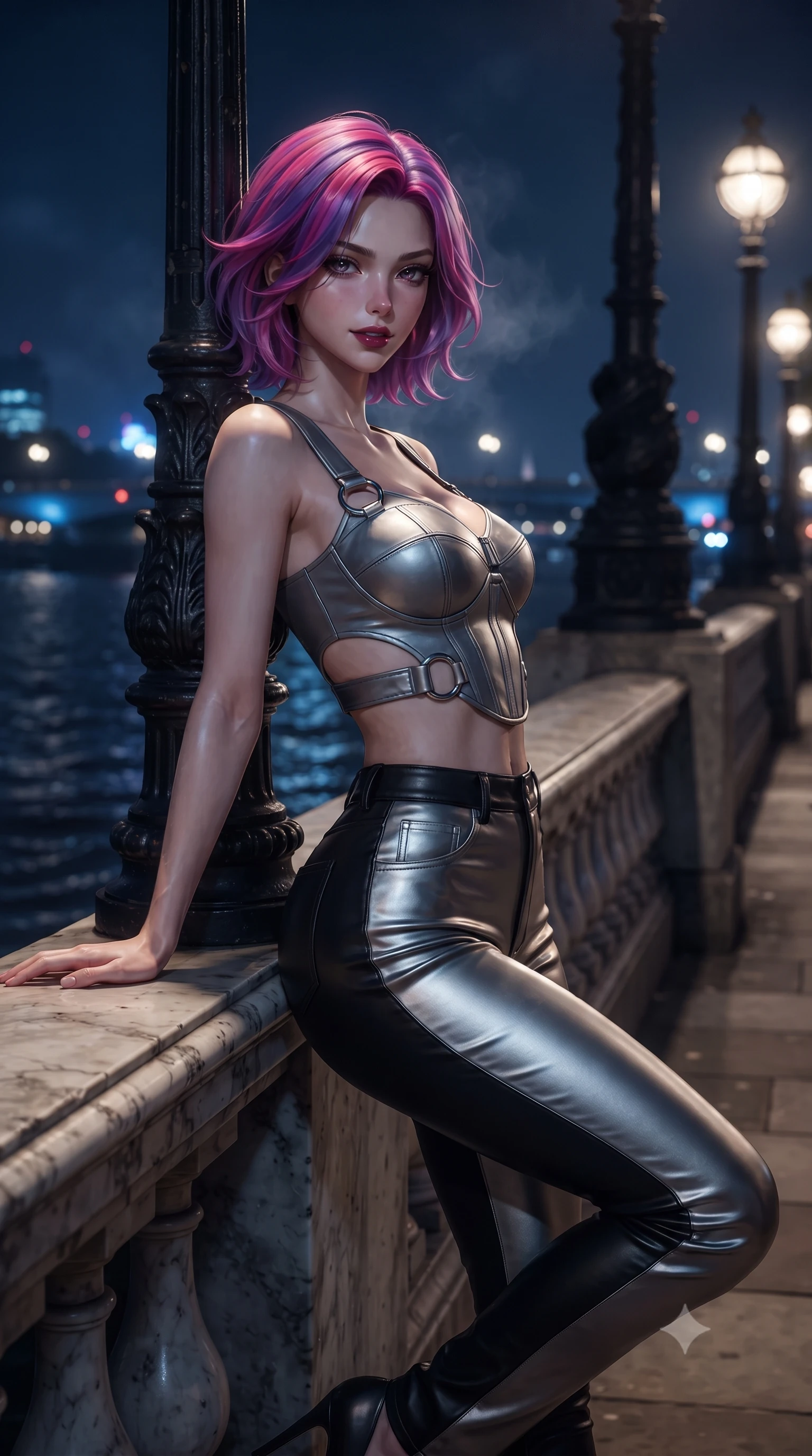 score_9, masterpiece, best quality, ultra-detailed, high-budget anime keyframe, editorial fashion photography, tasteful artistic composition, Caucasian woman. close-up cowboy shot from the waist and thighs up, the character dominates the composition, filling the frame with her large presence. resting one elbow on the marble balustrade while arching her spine with dancer poise, her dark bedroom-eyes casting a magnetic sidelong glance while leaning against a historic cast-iron lamppost with one knee bent, night mist drifting through her hair as her dark outfit traces her feminine curves. The composition keeps background elements in soft focus with dreamy creamy bokeh. rippling dark Thames river water and distant London South Bank lights softened in moody riverfront shallow focus. She has an exceptionally elegant, slender, and willowy female figure with an ultra-slim waist, flat toned midriff, narrow ribcage, and sculpted feminine hips creating an alluring, slim hourglass silhouette without bulk. sharp v-shaped jawline, high-bridge nose, intricate jewel-like dark sparkling eyes with dangerous depth, thick curled eyelashes, glossy parted lips with a rich wine sheen, smoldering seductive half-smile with bedroom-eyes, exuding effortless superiority and intoxicating dark allure, flawlessly proportioned anatomical accuracy, strict slender model proportions, natural body alignment, perfectly sculpted long slender limbs, ultra-slim waistline, clean dynamic posture without body distortion. wearing a cropped structured bodice top paired with ultra-fitted high-waisted leather trousers tracing her hips in metallic liquid silver and pitch black, tailored from fine lightweight midnight wool crepe with crisp architectural structure, accented with sculptural chrome hardware rings framing the subtle cutouts, the liquid-tight tailored fabric clinging flawlessly to her narrow waist and rounded feminine hips, emphasizing every millimeter of her sculpted slim hourglass curves without any bulky heaviness. bathed in cool ethereal cobalt bridge floodlights and warm golden promenade streetlights. ultra-reflective glossy finish, specular highlights, rich textural contrasts, high-contrast stereoscopic depth, volumetric dynamic lighting, 2k, ultra detail, master piece, 9:16 ratio