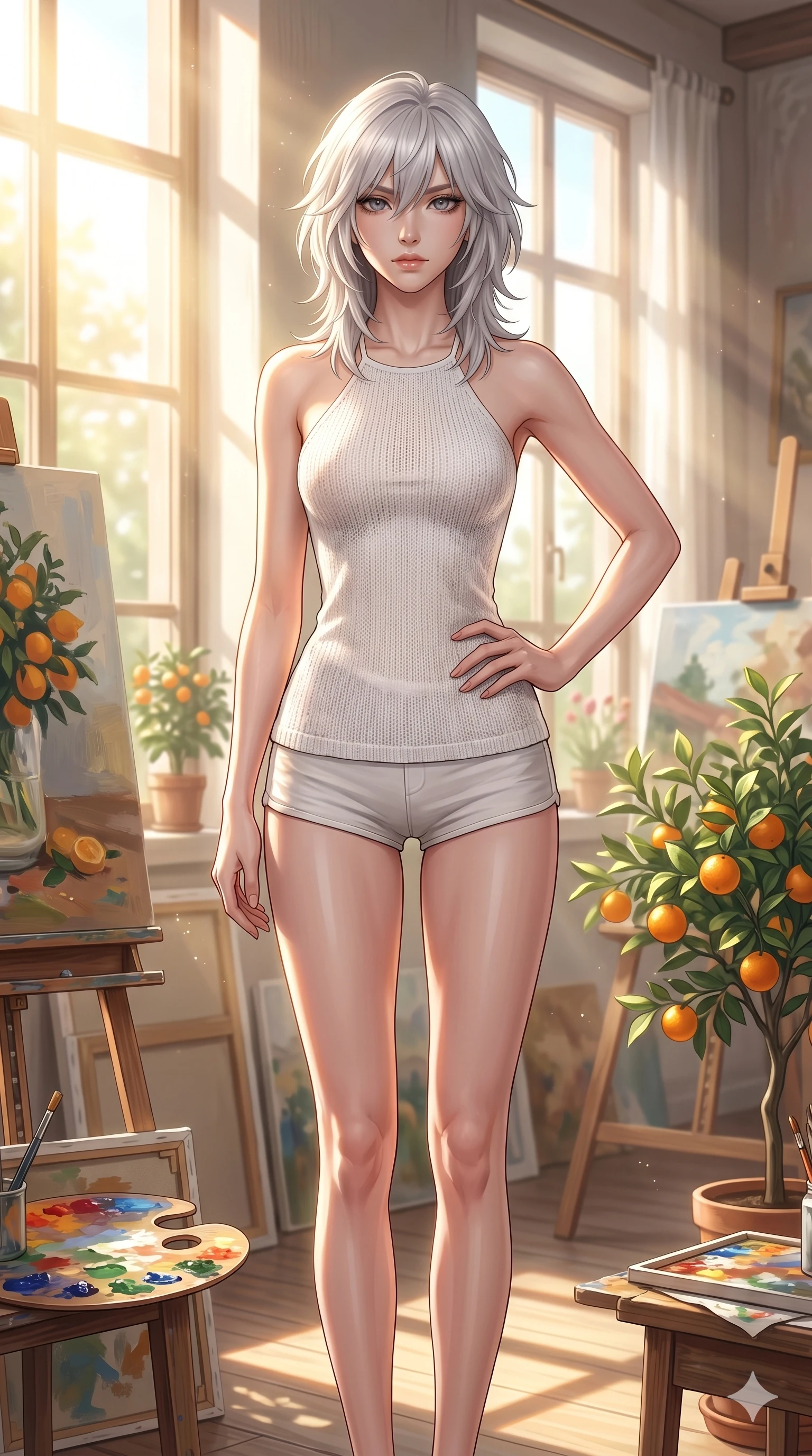 score_9, masterpiece, best quality, ultra-detailed, high-budget anime keyframe, editorial fashion photography, tasteful artistic composition, Japanese woman. cowboy shot from the thighs up, character and outfit filling the frame for maximum editorial presence. resting her hand on her hip, looking directly into the camera with quiet self-assurance inside a sun-washed art atelier with canvasses and potted orange trees (Code-P16-053). She has an absolutely perfect 8-heads proportion, an exceptionally tall and slender female figure with impossibly long slender legs and an ultra-slim waist. V-shaped jawline, high-bridge nose, intricate jewel-like eyes with depth, thick eyelashes, glossy lips with a natural sheen. wearing a white knit halter top showing her elegant clavicle lines, paired with micro-shorts. drenched in brilliant afternoon sunshine, casting warm rays that trace her athletic build. 2k, ultra detail, master piece, 9:16 ratio