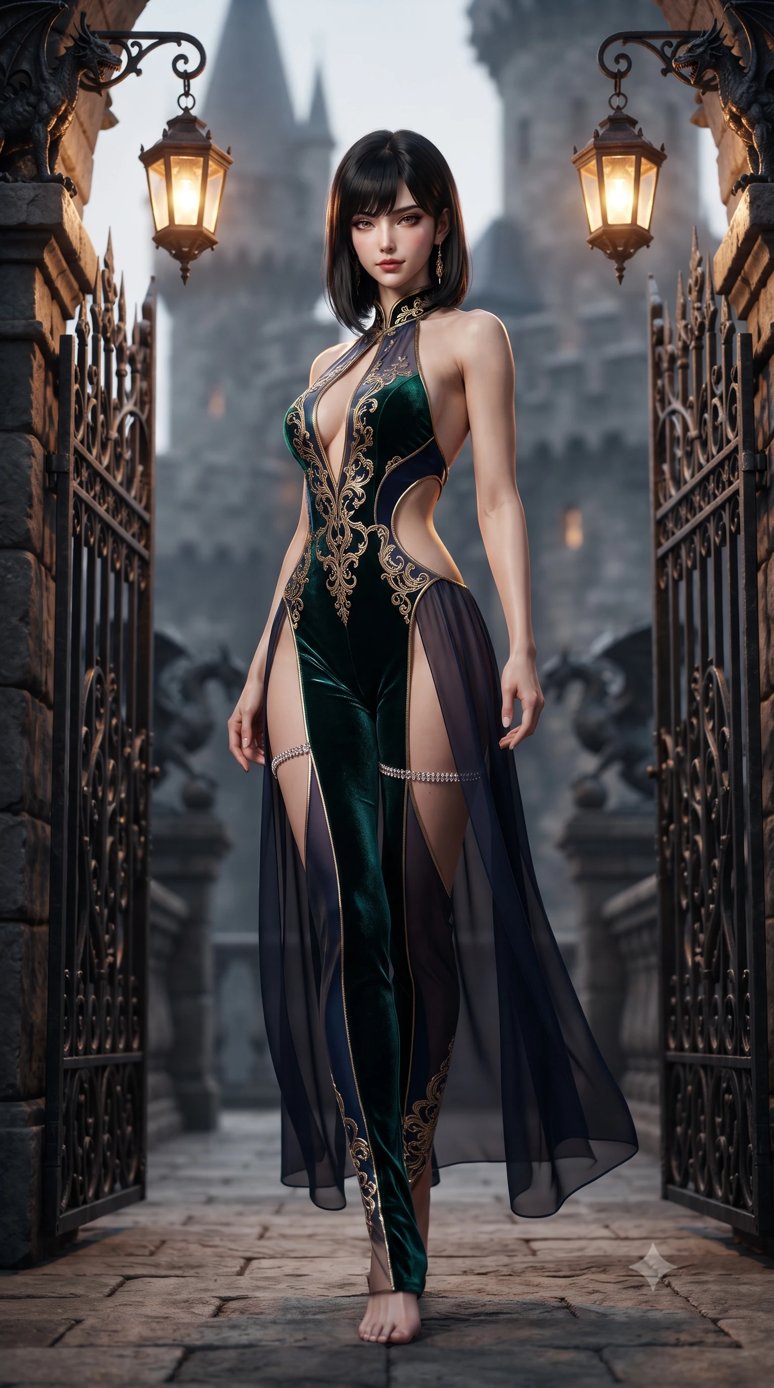 score_9, masterpiece, best quality, ultra-detailed, high-budget anime keyframe, editorial fashion photography, tasteful artistic composition, Caucasian woman. low angle full-body shot from head to toe showing her feet, filling the entire 9:16 vertical frame with her statuesque presence, stretching her vertical silhouette. walking along the terrace with poise, looking back over her bare shoulder with an irresistible smoldering bedroom-gaze while standing poised between the towering wrought-iron dragon gates, arching her back with sovereign nocturnal presence. The background shows a soft-focus towering castle battlements, wrought-iron dragon gargoyles, and hanging carriage lanterns blurred into amber, slate, and charcoal bokeh. She has an absolutely perfect, statuesque 8.5-heads proportion, an exceptionally tall and slender model-like female figure with impossibly long slender legs, an ultra-slim waist, a flat toned midriff, narrow delicate ribcage, and beautifully sculpted feminine hips creating a graceful, slim hourglass silhouette without any bulky heaviness. sharp v-shaped jawline, high-bridge nose, sparkling eyes with hypnotic seductive depth, thick curled eyelashes, glossy parted lips with a natural dewy peach sheen, alluring bedroom-eyes with an enchanting coquettish smile, exuding magnetic siren charisma and sophisticated glamour, flawlessly proportioned anatomical accuracy, strict slender model proportions, natural body alignment, perfectly sculpted long slender limbs, ultra-slim waistline, clean dynamic posture without body distortion. wearing a liquid metallic lamé plunge halterneck jumpsuit clinging like a second skin with high-cut side hip cutouts in deep emerald velvet and dark sapphire with gold filigree, made of sheer gossamer chiffon that drapes softly against skin with airy translucence, finished with delicate crystal-encrusted thigh garter straps glinting under the lights, the precision-cut side openings and low-back scoop framing her graceful spine and the sensual sweep of her slim, toned hips. bathed in warm amber light spilling from carriage lanterns mounted on stone pillars. ultra-reflective glossy finish, specular highlights, rich textural contrasts, high-contrast stereoscopic depth, volumetric dynamic lighting, 2k, ultra detail, master piece, 9:16 ratio