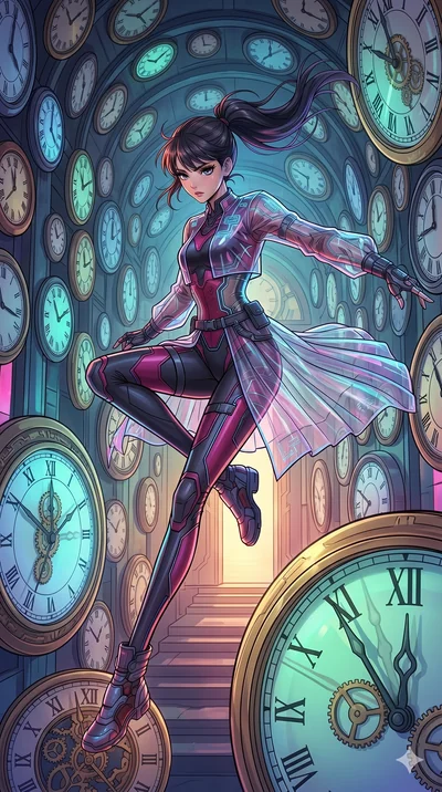 score_9, masterpiece, best quality, ultra-detailed, high-budget anime movie keyframe, cinematic anime lighting, intricate line art, Japanese woman. Mid-air action shot capturing a graceful twist and vertical silhouette. gliding through a hall of cloc