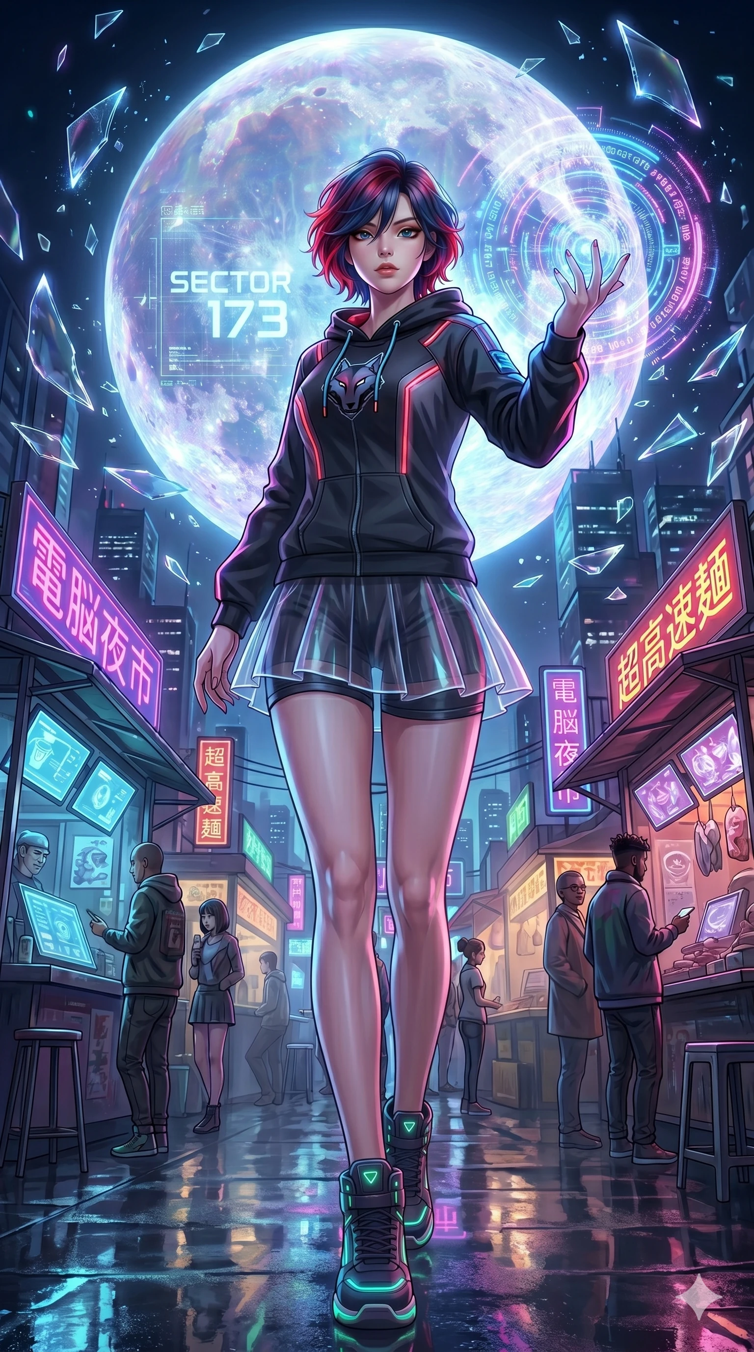 score_9, masterpiece, best quality, ultra-detailed, Set A: High-budget Anime Keyframe, Japanese woman. Low angle cowboy shot filling the entire 9:16 frame with her statuesque presence. Casting a spell through a futuristic night market, with a massive holographic moon rising behind her marked as sector 173 and surrounded by shattered glass fragments. She has an absolutely perfect 8-heads proportion, an exceptionally tall and slender female figure with impossibly long slender legs and an ultra-slim waist. Sharp v-shaped jawline, high-bridge nose, intricate jewel-like eyes with depth, thick eyelashes, glossy lips with a natural sheen. Wearing Streetwear tech-hoodie with a transparent PVC skirt and neon sneakers. Cinematic lighting, vibrant colors, dramatic shadows, 2k, ultra detail, master piece, 9:16 ratio