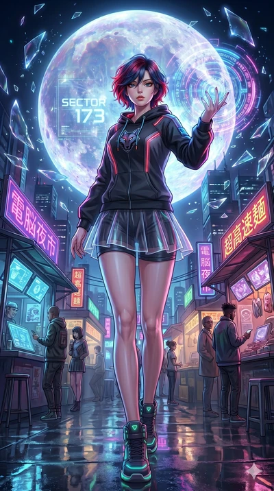 score_9, masterpiece, best quality, ultra-detailed, Set A: High-budget Anime Keyframe, Japanese woman. Low angle cowboy shot filling the entire 9:16 frame with her statuesque presence. Casting a spell through a futuristic night market, with a massive