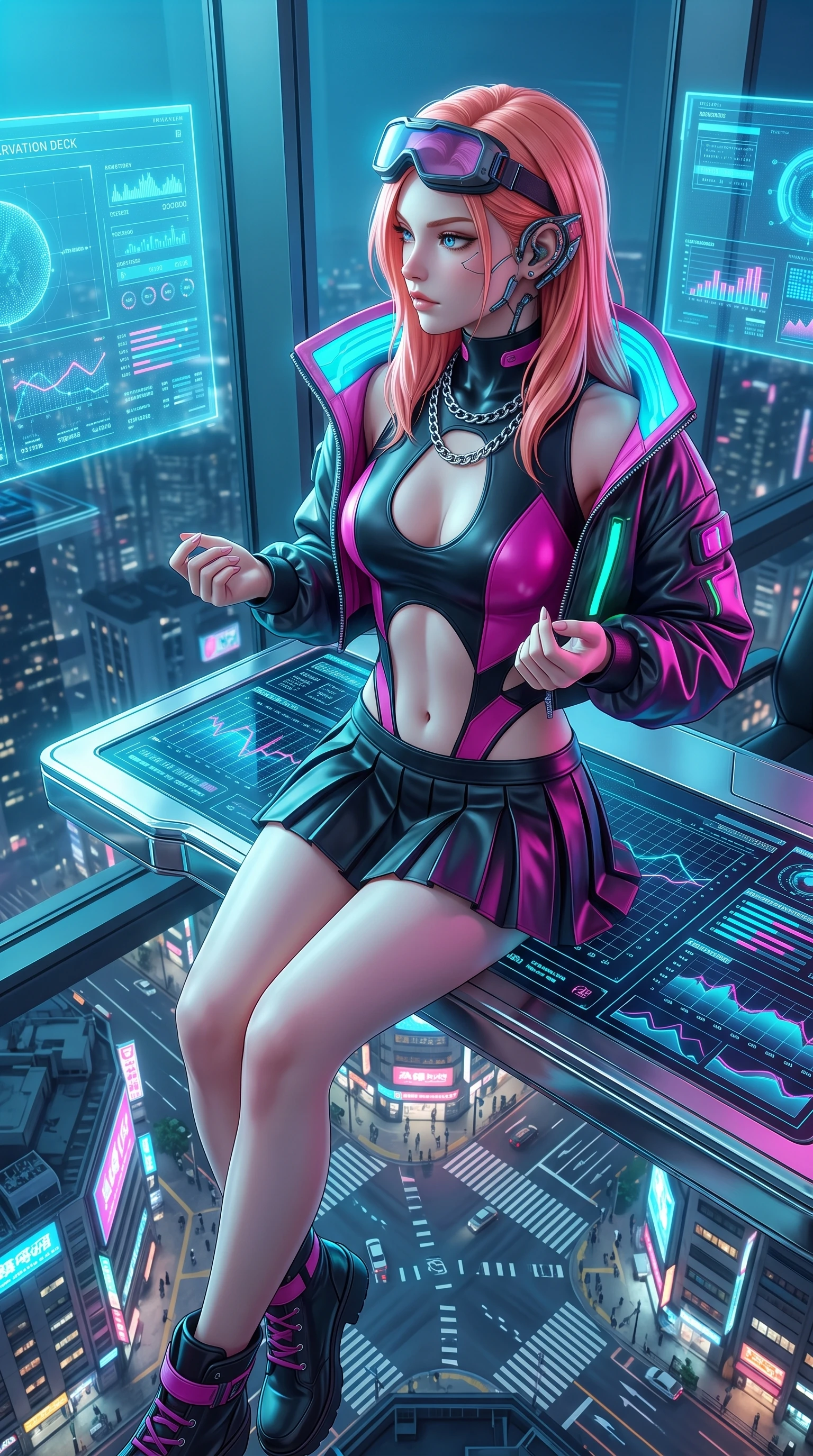 score_9, masterpiece, best quality, ultra-detailed, high-budget anime keyframe, semi-realistic 3D game render, editorial fashion photography, tasteful artistic composition, Japanese woman. close-up cowboy shot from the waist and thighs up, the character dominates the composition, filling the frame with her large presence. holding her hands loosely in front with regal, aristocratic poise, radiating an overwhelming high-society aura while sitting on the edge of a floating chrome desk with arms folded loosely, gazing through the one-way panoramic glass into the night. The surrounding environment is rendered in vivid detail and crisp panoramic clarity. intricate cybernetic earpiece components, city street layouts visible 100 floors below, and telemetry grids in high clarity. She has an exceptionally elegant, slender, and willowy female figure with an ultra-slim waist, a gracefully sculpted slender torso, toned flat midriff, and a refined slim silhouette. sharp v-shaped jawline, high-bridge nose, intricate jewel-like eyes with depth, thick eyelashes, glossy lips with a natural sheen, captivating and magnetic expression, flawlessly proportioned anatomical accuracy, strict slender model proportions, natural body alignment, perfectly sculpted long slender limbs, ultra-slim waistline, clean dynamic posture without body distortion. wearing a daring cutout cyberpunk bodysuit paired with an oversized neon-accented bomber jacket and pleated micro-skirt in matte black and vivid magenta, tailored from second-skin aerodynamic stretch vinyl and insulated satin, accessorized with a chunky silver chain necklace and cyber-visor goggles resting on her brow edition #18, the sleek tailored cut tightly hugging her graceful clavicle, narrow waist, and feminine curves with statuesque precision. bathed in ambient cyan and ice-blue holographic screen glow combined with midnight city skylight. highly saturated vibrant anime colors, detailed shading with soft gradients, rich glossy textures, high-contrast stereoscopic depth, volumetric dynamic lighting, master piece, 9:16 ratio