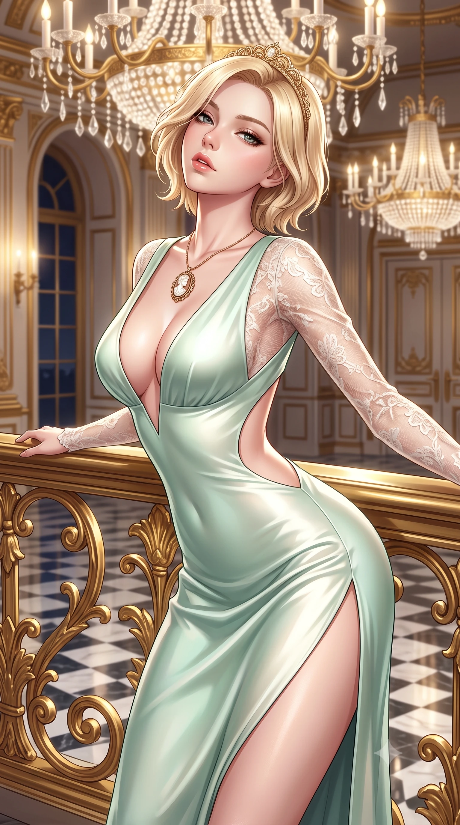 score_9, masterpiece, best quality, ultra-detailed, high-budget anime keyframe, semi-realistic 3D game render, editorial fashion photography, tasteful artistic composition, Caucasian woman. close-up cowboy shot from the waist and thighs up, the character dominates the composition, filling the frame with her large presence. leaning forward against the polished railing with her hips cocked back, creating an intoxicating curve from her narrow waist to sculpted hips as she gazes back into the lens while leaning back against an ornate gold-leaf balustrade under crystal chandeliers, head tilted back with bedroom-eyes locking onto the viewer. The surrounding environment is rendered in vivid detail and crisp panoramic clarity. sharp gilded rococo scrollwork, cut crystal chandelier facets, and checkerboard marble floor reflections in deep focus. She has an exceptionally elegant, slender, and willowy female figure with an ultra-slim waist, a gracefully sculpted slender torso, toned flat midriff, and rounded feminine hips creating an alluring hourglass silhouette. sharp v-shaped jawline, high-bridge nose, intricate jewel-like eyes with depth, thick eyelashes, glossy parted lips with a natural sheen, intensely captivating and seductive bedroom-eyes expression, flawlessly proportioned anatomical accuracy, strict slender model proportions, natural body alignment, perfectly sculpted long slender limbs, ultra-slim waistline, clean dynamic posture without body distortion. wearing a deep-V plunge rococo evening gown with delicate sheer lace sleeves and thigh-high side slit in delicate mint green and antique ivory, tailored from ultra-smooth duchess satin with a pearlescent courtly sheen, complemented by a delicate golden tiara headband and carved cameo pendant, the precision-cut side openings and low-back scoop framing her graceful spine and the sensual sweep of her hips. illuminated by crisp specular highlights defining her bare clavicle, ultra-slim waistline, and curvaceous hips. highly saturated vibrant anime colors, detailed shading with soft gradients, rich glossy textures, high-contrast stereoscopic depth, volumetric dynamic lighting, master piece, 9:16 ratio