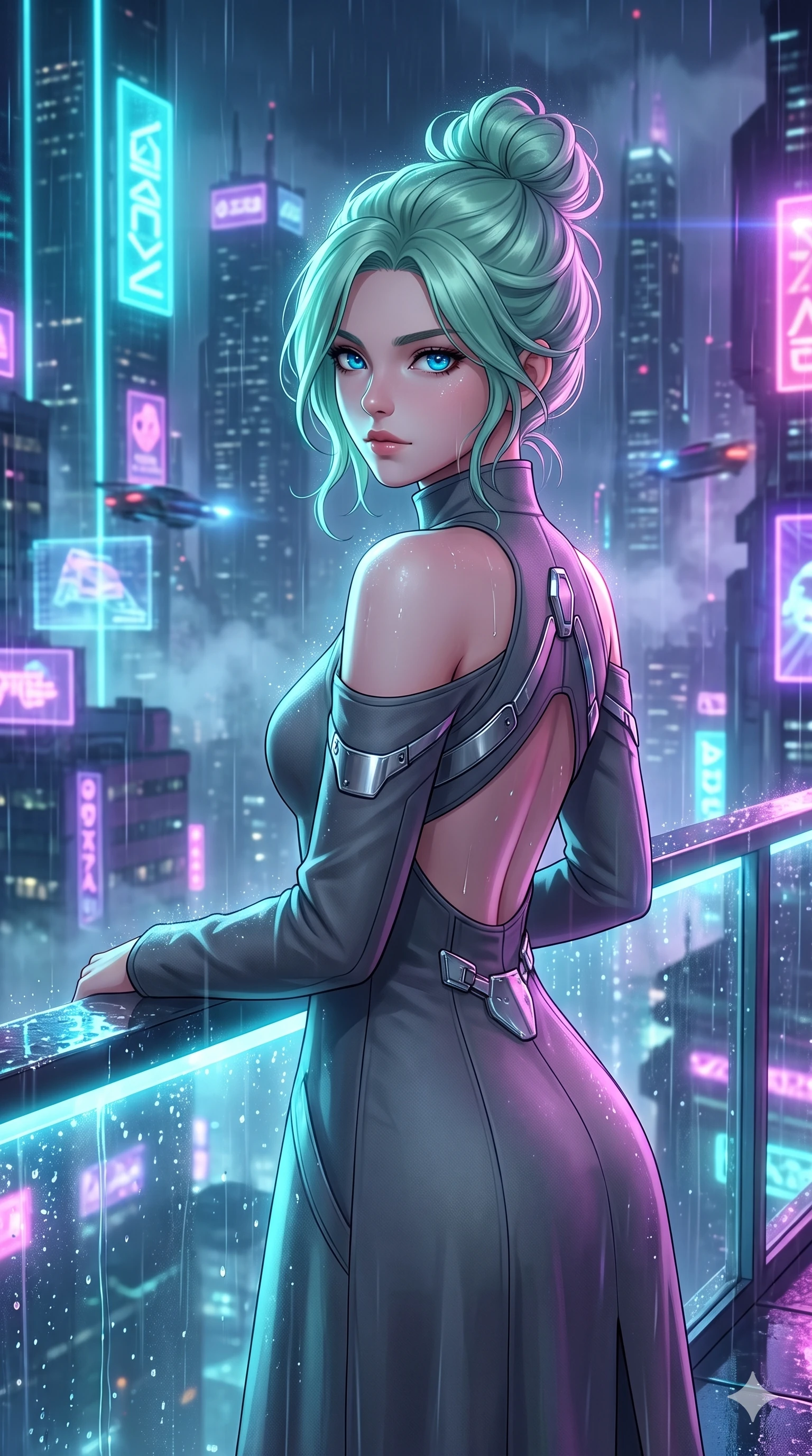 score_9, masterpiece, best quality, ultra-detailed, high-budget anime keyframe, semi-realistic 3D game render, editorial fashion photography, tasteful artistic composition, Japanese woman. close-up cowboy shot from the waist and thighs up, the character dominates the composition, filling the frame with her large presence. posing in an alluring rear three-quarter angle, looking over a bare shoulder with heavy-lidded sparkling eyes, her hips cocked back to highlight her slim hourglass curve while leaning against the glowing glass terrace railing with hips cocked back, looking through rain-slicked holographic billboard reflections with smoldering eyes. The surrounding environment is rendered in vivid detail and crisp panoramic clarity: sharp neon signage glass tube reflections, wet terrace glass floor reflections, and floating digital card suits in deep focus. She has an exceptionally elegant, slender, and willowy female figure with an ultra-slim waist, flat toned midriff, narrow ribcage, and sculpted feminine hips creating an alluring, slim hourglass silhouette without bulk. sharp v-shaped jawline, high-bridge nose, intricate jewel-like sparkling eyes with depth, thick eyelashes, glossy parted lips with a natural sheen, bright confident smile with an enchanting and coquettish sensual glint, exuding both youthful magnetic charm and sovereign high-tech allure, flawlessly proportioned anatomical accuracy, strict slender model proportions, natural body alignment, perfectly sculpted long slender limbs, ultra-slim waistline, clean dynamic posture without body distortion. wearing a prestigious diplomatic high-neck sci-fi senate coat dress in structured nano-wool with polished titanium clasp hardware in reflective liquid mercury and matte phantom grey, tailored from brushed aeronautical titanium alloy with matte satin sheen, accented with strategically placed chrome armor plate guards covering key curves, the impeccably tailored cut draping gracefully along her slender figure with aristocratic poise. bathed in the vibrant, highly saturated glow of magenta, electric cyan, and ultraviolet neon billboards. highly saturated vibrant anime colors, detailed shading with soft gradients, rich glossy textures, high-contrast stereoscopic depth, volumetric dynamic lighting, master piece, 9:16 ratio
