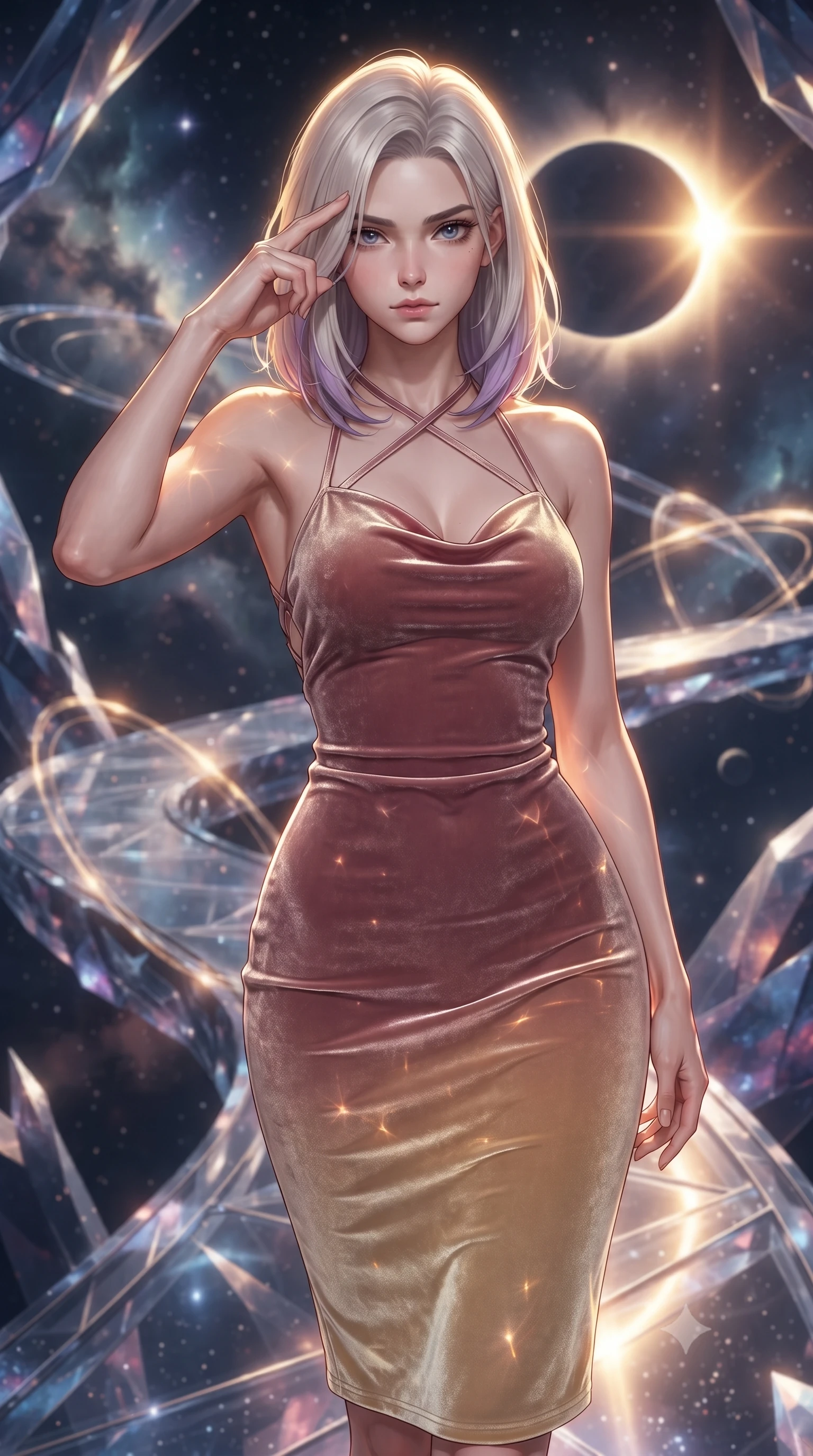 score_9, masterpiece, best quality, ultra-detailed, high-budget anime keyframe, editorial fashion photography, tasteful artistic composition, Caucasian woman. close-up cowboy shot from the waist and thighs up, the character dominates the composition, filling the frame with her large presence, background elements kept in soft focus. Pressing two fingers to her temple in a composed thoughtful gesture with an air of magnetic charisma stepping along a crystalline cosmic bridge in deep space, a cosmic eclipse casting brilliant golden rim highlights. She has an exceptionally elegant, slender, and willowy female figure with an ultra-slim waist, a gracefully sculpted slender torso, and a refined silhouette. sharp v-shaped jawline, high-bridge nose, intricate jewel-like eyes with depth, thick eyelashes, glossy lips with a natural sheen. wearing a velvet halter-neck midi dress following her form like a glove in dusty rose and champagne gold, made of premium stretch velvet with a rich sheen, complemented by criss-cross back straps highlighting her bare shoulders, the elegant draped fit framing her graceful clavicle and slender torso. bathed in warm sunbursts filtering through floating orbital rings. ultra-reflective glossy finish, specular highlights, metallic sheen, high-contrast stereoscopic depth, volumetric dynamic lighting, 2k, ultra detail, master piece, 9:16 ratio