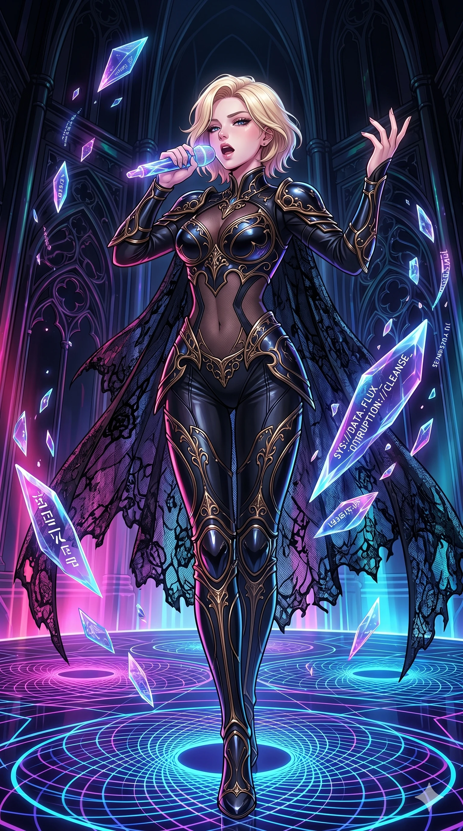 score_9, masterpiece, best quality, ultra-detailed, high-budget anime movie keyframe, cinematic anime lighting, intricate line art, Caucasian (strictly human ears) woman. Low angle cowboy shot filling the entire 9:16 frame with her statuesque presence. singing on a laser stage in a gothic obsidian tower surrounded by floating data-shards. She has an absolutely perfect 8-heads proportion, an exceptionally tall and slender female figure with an ultra-slim waist and impossibly long slender legs. sharp v-shaped jawline, high-bridge nose, intricate jewel-like eyes, thick eyelashes, glossy lips. Wearing dark fantasy gothic leather armor with ornate obsidian plates, a tattered lace cape, and sheer mesh cut-outs at the midriff, exuding a mysterious allure. The scene is illuminated by dramatic atmospheric lighting and vibrant color palettes. , 2k, ultra detail, master piece, 9:16 ratio