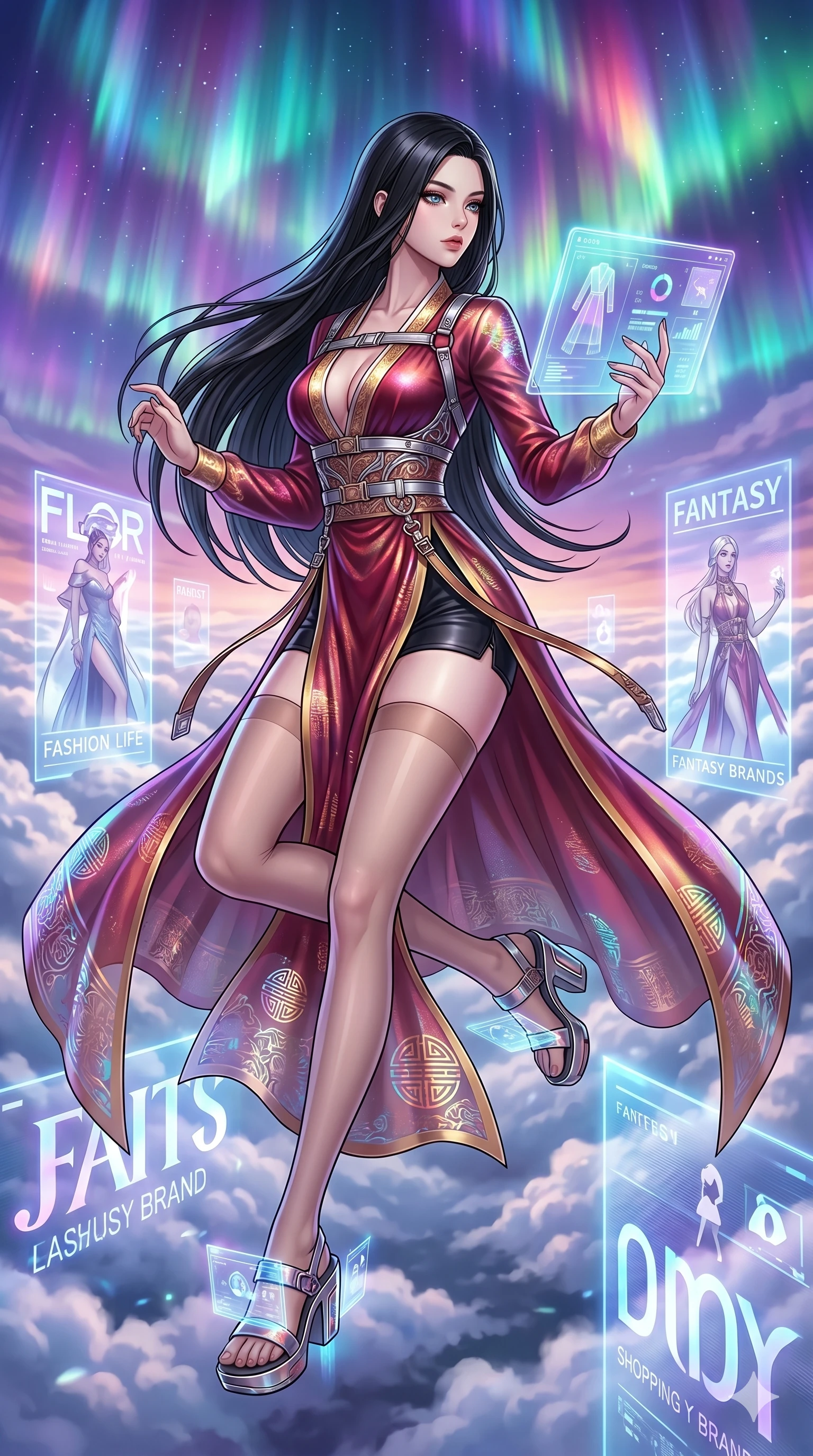 score_9, masterpiece, best quality, ultra-detailed, high-budget anime movie keyframe, cinematic anime lighting, intricate line art, Caucasian (strictly human ears) anime girl. Dynamic full-body shot stretching the vertical silhouette across the 9:16 frame. navigating a sea of clouds in a holographic shopping mall amidst aurora borealis. She has an absolutely perfect 8-heads proportion, an exceptionally tall and slender female figure with an ultra-slim waist and impossibly long slender legs. sharp v-shaped jawline, high-bridge nose, intricate jewel-like eyes, thick eyelashes, glossy lips. Wearing modernized deep-plunging silk hanbok-fusion with metallic straps, a high-slit sheer skirt over micro-shorts, and holographic embroidered patterns. The scene is illuminated by dramatic atmospheric lighting and vibrant color palettes. 2k, ultra detail, master piece, 9:16 ratio