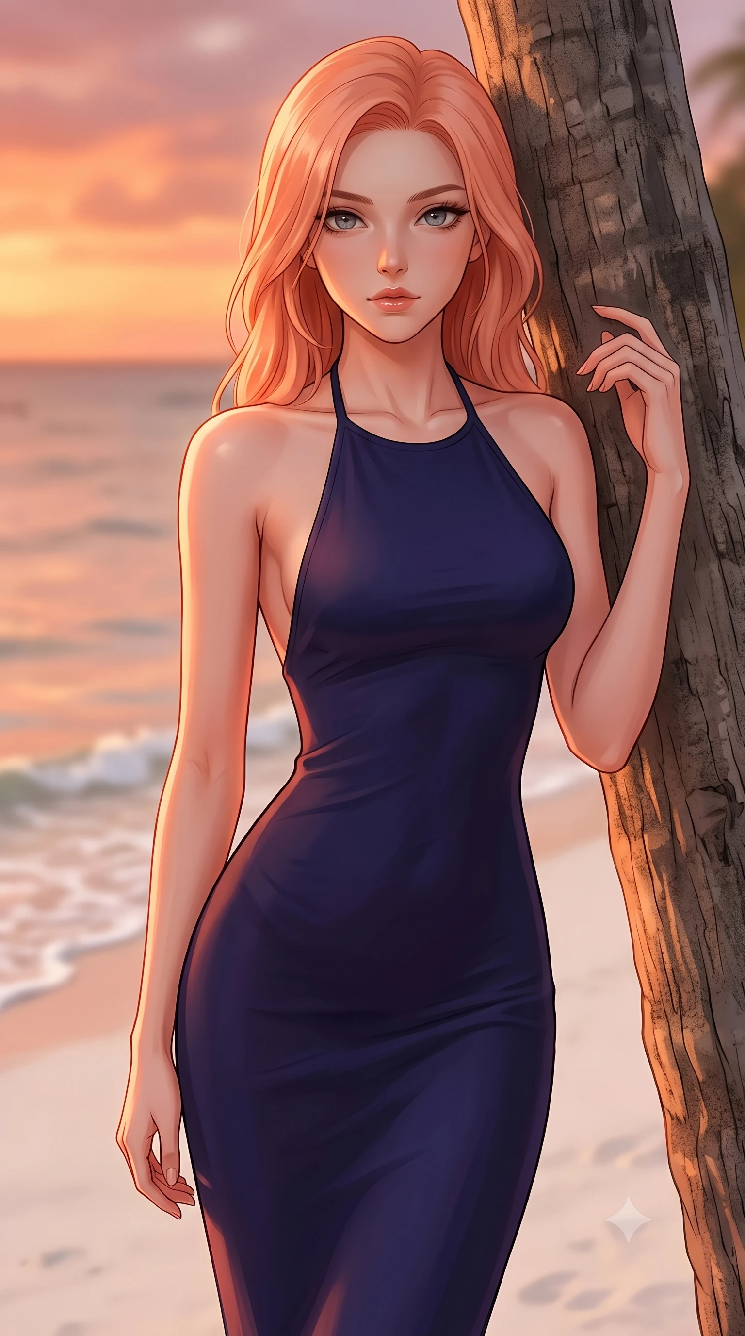 score_9, masterpiece, best quality, ultra-detailed, high-budget anime keyframe, editorial fashion photography, tasteful artistic composition, Japanese woman woman. close-up cowboy shot from the waist and thighs up, the character dominates the composition, filling the frame with her large presence, background elements kept in soft focus. standing relaxed against a tree trunk, sharing a quiet, serene moment with the viewer the background shows a soft-focus a quiet white sand beach as gentle waves lap at the shoreline. She has an exceptionally elegant, slender, and willowy female figure with an ultra-slim waist, a gracefully sculpted slender torso, and a refined silhouette. sharp v-shaped jawline, high-bridge nose, intricate jewel-like eyes with depth, thick eyelashes, glossy lips with a natural sheen. wearing a slim-fit backless halter midi dress in dark indigo, showing her elegant clavicle lines. the warm orange and rose hues of a coastal sunset wrapping around her silhouette. 2k, ultra detail, master piece, 9:16 ratio
