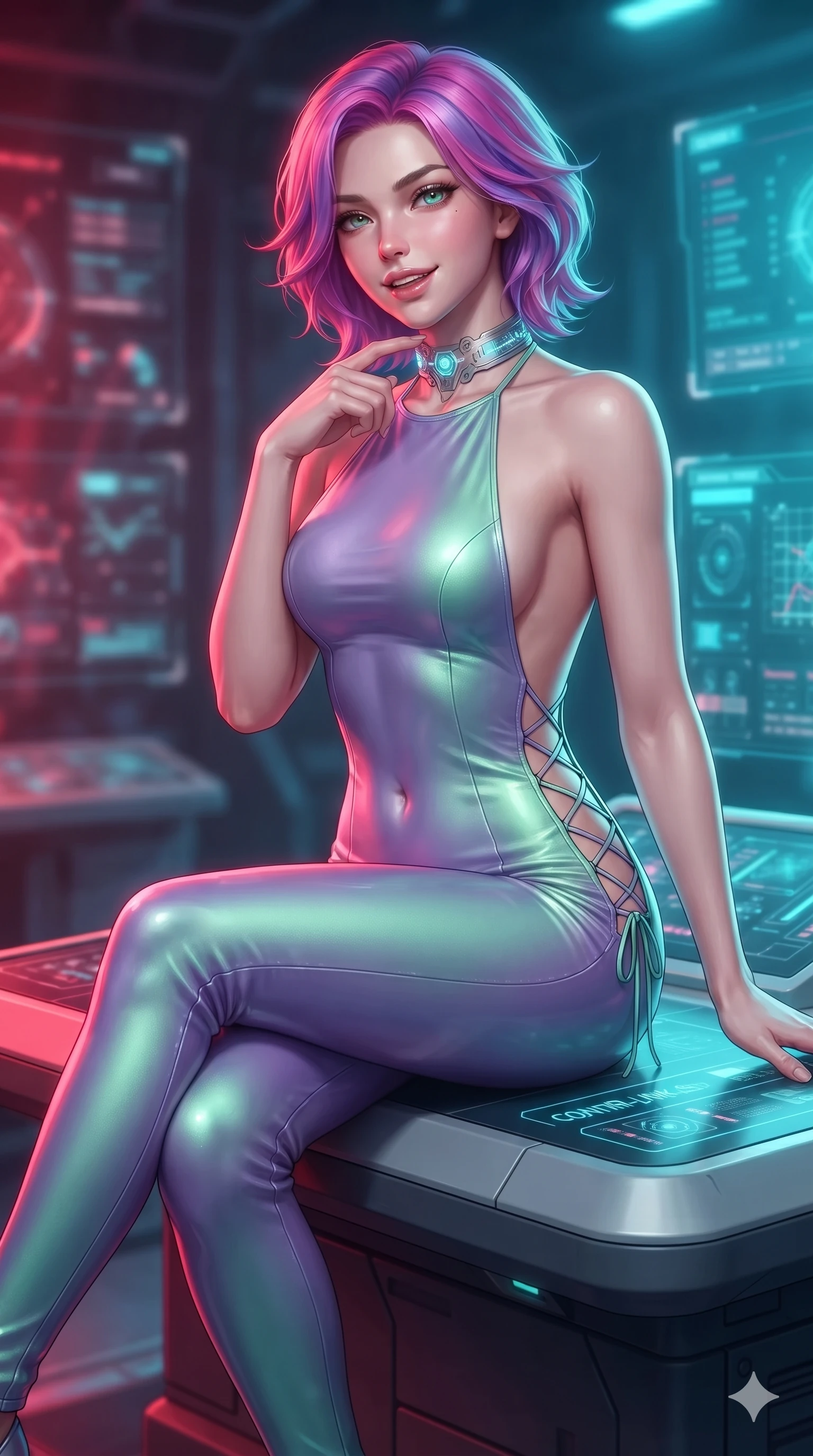 score_9, masterpiece, best quality, ultra-detailed, high-budget anime keyframe, editorial fashion photography, tasteful artistic composition, Caucasian woman. close-up cowboy shot from the waist and thighs up, the character dominates the composition, filling the frame with her large presence. tilting her head with a teasing half-smile, running one finger slowly along her glowing comm-link collar in a flirtatious gesture while sitting gracefully on the elevated sensor console with legs crossed, flashing an enchanting, confident smile with parted glossy lips. The background shows a soft-focus quantum particulate haze softened in deep space physics chamber shallow focus. She has an exceptionally elegant, slender, and willowy female figure with an ultra-slim waist, flat toned midriff, narrow ribcage, and sculpted feminine hips creating an alluring, slim hourglass silhouette without bulk. sharp v-shaped jawline, high-bridge nose, intricate jewel-like sparkling eyes with depth, thick eyelashes, glossy parted lips with a natural sheen, bright confident smile with an enchanting and coquettish sensual glint, exuding both youthful magnetic charm and sovereign high-tech allure, flawlessly proportioned anatomical accuracy, strict slender model proportions, natural body alignment, perfectly sculpted long slender limbs, ultra-slim waistline, clean dynamic posture without body distortion. wearing an alluring backless liquid titanium halterneck jumpsuit with deep scoop back down to her lower spine and hip ventilation slits in phosphorescent ultraviolet amethyst and mint green, made of flexible bullet-resistant ballistic microfiber with high-tensile strength, featuring fine criss-cross lace-up side ties revealing tantalizing glimpses of her hip curve, the high-slit tactical tailoring accentuating her ultra-slim waistline and the enchanting curve of her feminine hips with alluring seductive charm. bathed in dramatic split relativistic lighting: blazing electric cyan on the approaching side and fiery crimson on the receding side. ultra-reflective glossy finish, specular highlights, rich textural contrasts, high-contrast stereoscopic depth, volumetric dynamic lighting, 2k, ultra detail, master piece, 9:16 ratio