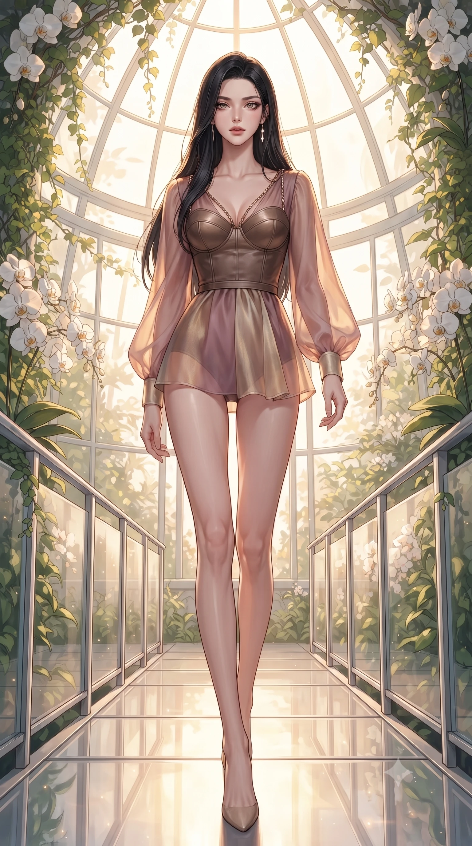 score_9, masterpiece, best quality, ultra-detailed, high-budget anime keyframe, editorial fashion photography, tasteful artistic composition, Korean woman. low angle full-body shot from head to toe showing her feet, filling the entire 9:16 vertical frame with her statuesque presence, stretching her vertical silhouette. stepping forward with proud posture, filling the vertical frame with her magnetic presence walking along a platinum-framed glass walkway in a sunlit botanical dome, lush green vines and white orchids framing the bright architectural backdrop. She has an absolutely perfect, statuesque 8.5-heads proportion, an exceptionally tall and slender model-like female figure with impossibly long slender legs and an ultra-slim waist. sharp v-shaped jawline, high-bridge nose, intricate jewel-like eyes with depth, thick eyelashes, glossy lips with a natural sheen. wearing a tailored leather bustier over a sheer silk chiffon blouse in dusty rose and champagne gold, crafted from iridescent chiffon that shifts colors in the light, adorned with delicate metallic chain straps along the neckline, the glove-like fit emphasizing her statuesque silhouette. lit by warm golden-hour rays cascading through crystalline glass panes. ultra-reflective glossy finish, specular highlights, metallic sheen, high-contrast stereoscopic depth, volumetric dynamic lighting, 2k, ultra detail, master piece, 9:16 ratio