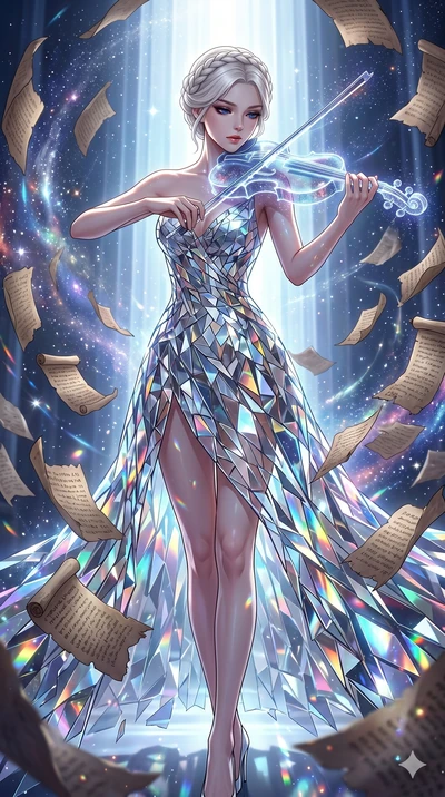score_9, masterpiece, best quality, ultra-detailed, Set A: High-budget Anime Keyframe, Korean woman. Low angle cowboy shot filling the entire 9:16 frame with her statuesque presence. Theme: Abstract Cosmic. playing a holographic violin in a temple ma