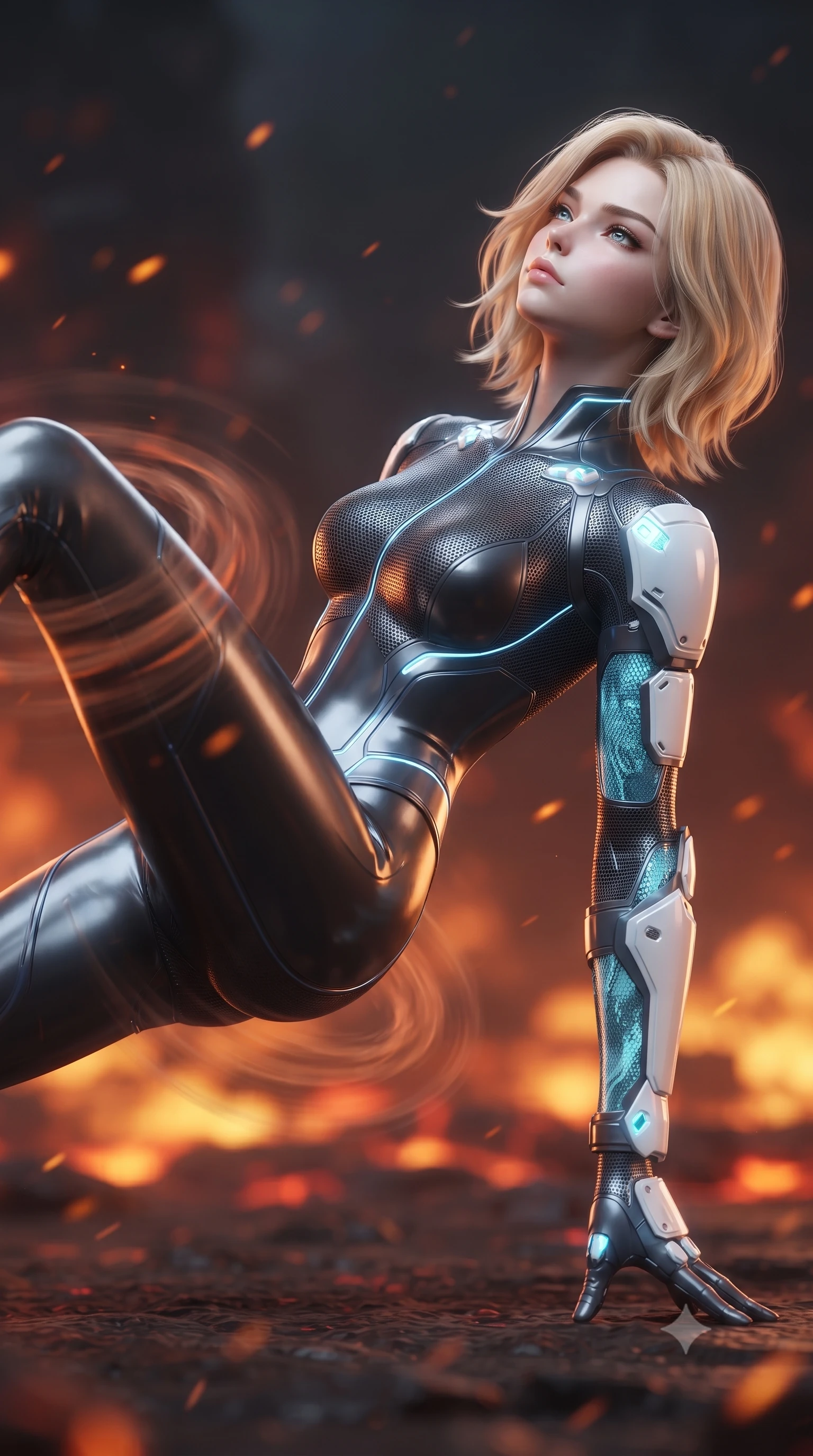 score_9, masterpiece, best quality, ultra-detailed, high-budget anime keyframe, editorial fashion photography, tasteful artistic composition, Caucasian woman. close-up cowboy shot from the waist and thighs up, the character dominates the composition, filling the frame with her large presence. tilting her head back with serene warrior composure, her sharp jawline and sculpted collarbones highlighted by glowing neon kinetic knuckles while pivoting dynamically on one palm as her long slender leg sweeps through the air, creating a swirling vortex of heat waves. The composition keeps background elements in soft focus with creamy bokeh. bubbling molten magma rivers and drifting orange heat embers blurred into rich fiery amber, crimson, and charcoal bokeh. She has an exceptionally elegant, slender, and willowy female figure with an ultra-slim waist, a gracefully sculpted slender torso, toned flat midriff, and a refined slim silhouette. sharp v-shaped jawline, high-bridge nose, intricate jewel-like eyes with depth, thick eyelashes, glossy lips with a natural sheen, flawlessly proportioned anatomical accuracy, strict slender model proportions, natural body alignment, perfectly sculpted long slender limbs, ultra-slim waistline, clean dynamic posture without body distortion. wearing an aerodynamic dark titanium carbon-mesh jumper with glowing blue fiber lines and reinforced Damascus-pattern arm guards in glacial ice-cyan carbon mesh with pure white armor plates, tailored from flexible second-skin carbon-mesh that clings flawlessly to her athletic curves, finished with high-mobility flexible limb seams and miniature magnetic armor locks, the glove-like aerodynamic second-skin fit tightly clinging to her ultra-slender waist and athletic curves without adding bulk, accentuating her razor-sharp statuesque lines and slim hourglass silhouette. illuminated by crisp specular highlights tracing her ultra-slim waist, long legs, and flat midriff. ultra-reflective glossy finish, specular highlights, dark metallic sheen, high-contrast stereoscopic depth, volumetric dynamic lighting, 2k, ultra detail, master piece, 9:16 ratio