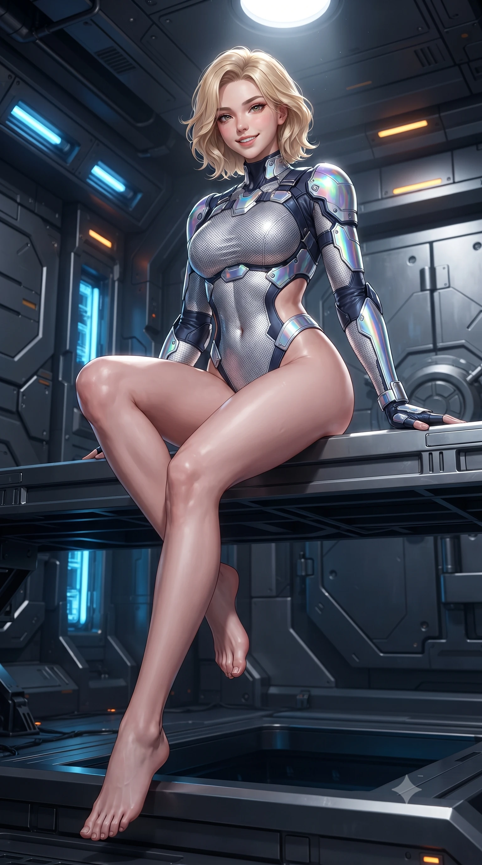 score_9, masterpiece, best quality, ultra-detailed, high-budget anime keyframe, editorial fashion photography, tasteful artistic composition, Caucasian woman. low angle full-body shot from head to toe showing her feet, filling the entire 9:16 vertical frame with her statuesque presence, stretching her vertical silhouette. sitting perched on the elevated maintenance gantry edge with legs crossed and hips angled toward the camera, displaying her toned midriff and long slender limbs with joyful, coquettish charm while sitting perched on an armored ammunition crate with one knee drawn up, her sleek tactical combat suit radiating powerful sensual charisma. The surrounding environment is rendered in vivid detail and crisp panoramic clarity: sharp brushed steel gunmetal textures, plasma energy cell glowing vents, and heavy armored vault door bolts in deep focus. She has an absolutely perfect, statuesque 8.5-heads proportion, an exceptionally tall and slender model-like female figure with impossibly long slender legs, an ultra-slim waist, a flat toned midriff, narrow delicate ribcage, and beautifully sculpted feminine hips creating a graceful, slim hourglass silhouette without any bulky heaviness. sharp v-shaped jawline, high-bridge nose, intricate jewel-like sparkling eyes with depth, thick eyelashes, glossy parted lips with a natural sheen, bright confident smile with an enchanting and coquettish sensual glint, exuding both youthful magnetic charm and sovereign high-tech allure, flawlessly proportioned anatomical accuracy, strict slender model proportions, natural body alignment, perfectly sculpted long slender limbs, ultra-slim waistline, clean dynamic posture without body distortion. wearing a form-contouring delicate silver nano-mesh bodysuit with strategically placed chrome armor plate guards covering key curves in midnight navy blue and holographic iridescent shimmer, made of supple second-skin compression stretch jersey clinging flawlessly to her form, finished with polished chrome buckle hardware and modular magnetic holster clasps, the precision-cut side openings and low-back scoop framing her graceful spine and the sensual sweep of her slim, toned hips. illuminated by focused overhead spotlighting and sharp amber rim lights defining her slim torso, narrow waist, and curvy hips. ultra-reflective glossy finish, specular highlights, rich textural contrasts, high-contrast stereoscopic depth, volumetric dynamic lighting, 2k, ultra detail, master piece, 9:16 ratio