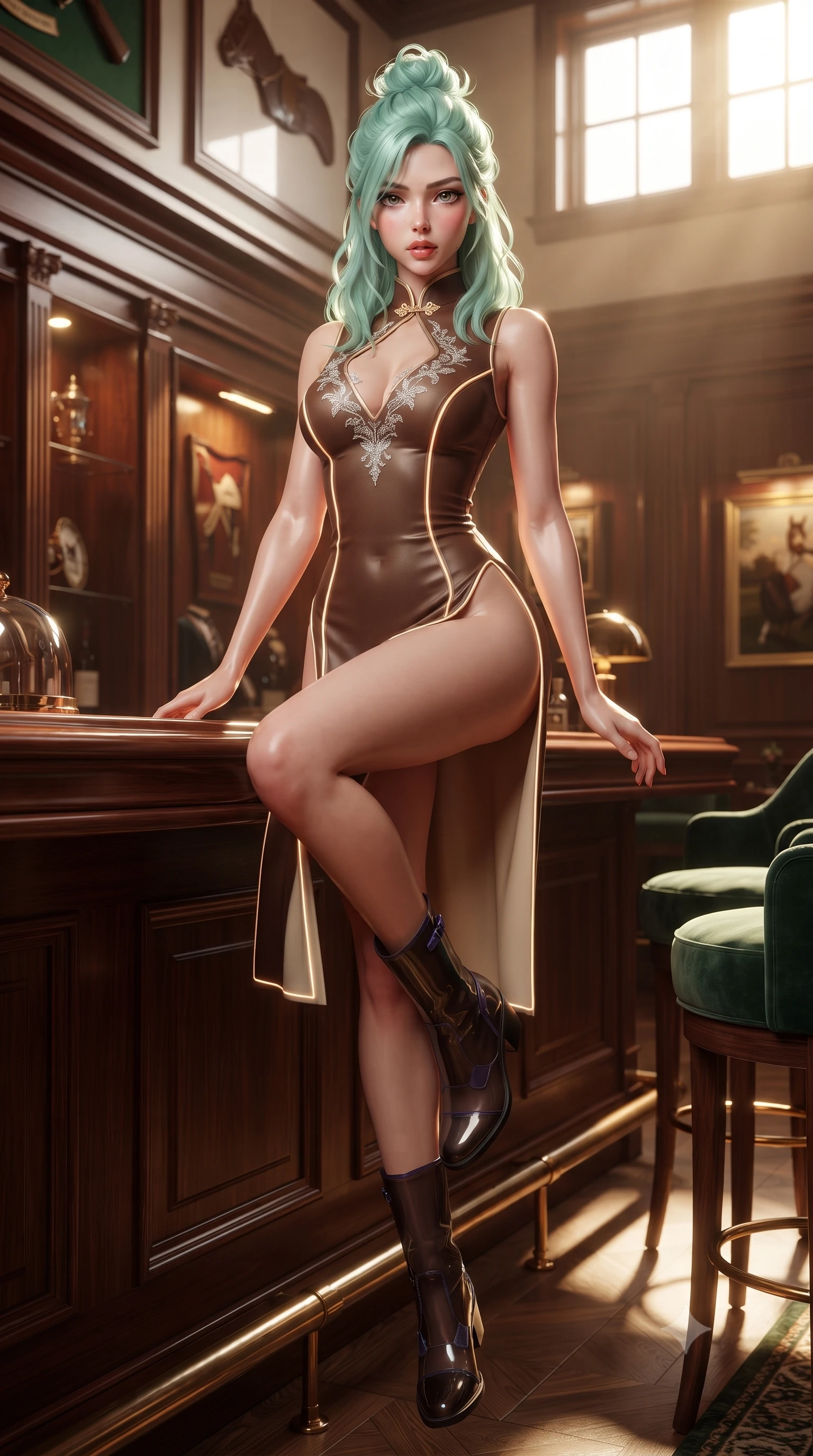 score_9, masterpiece, best quality, ultra-detailed, high-budget anime keyframe, editorial fashion photography, tasteful artistic composition, Japanese woman. low angle full-body shot from head to toe showing her feet, filling the entire 9:16 vertical frame with her statuesque presence, stretching her vertical silhouette. sitting perched on the elevated edge with hips angled toward the camera and legs crossed, displaying her toned midriff and flawlessly sculpted slender limbs while twisting her slender torso in an assertive contrapposto stance beside the private turf bar, her form-contouring riding suit sculpting her feminine hourglass lines. The surrounding environment is rendered in vivid detail and crisp panoramic clarity. brilliant British high-society afternoon chiaroscuro and aristocratic derby glamour aesthetics in precision. She has an exceptionally tall and slender model-like 8.5-heads proportion, an ultra-slim waist, a flat toned midriff, narrow delicate ribcage, and beautifully sculpted feminine hips creating a graceful, slim hourglass silhouette without any bulky heaviness, with impossibly long slender legs. sharp v-shaped jawline, high-bridge nose, intricate jewel-like eyes with depth, thick eyelashes, glossy parted lips with a natural sheen, intensely captivating and seductive bedroom-eyes expression, flawlessly proportioned anatomical accuracy, strict slender model proportions, natural body alignment, perfectly sculpted long slender limbs, ultra-slim waistline, clean dynamic posture without body distortion. wearing a modernized cyber-qipao mini dress with an ultra-high side slit ascending to the hip and glowing piping in rich equestrian cognac brown and crisp champagne cream, tailored from water-resistant treated wool gabardine and flexible stretch silk, finished with delicate crystal frost embroidery tracing the plunging neckline, the liquid-tight tailored fabric clinging flawlessly to her narrow waist and rounded feminine hips, emphasizing every millimeter of her sculpted slim hourglass curves without any bulky heaviness. bathed in glorious golden-hour afternoon sunlight and warm white marquee bounce fill. ultra-reflective glossy finish, specular highlights, rich textural contrasts, high-contrast stereoscopic depth, volumetric dynamic lighting, 2k, ultra detail, master piece, 9:16 ratio