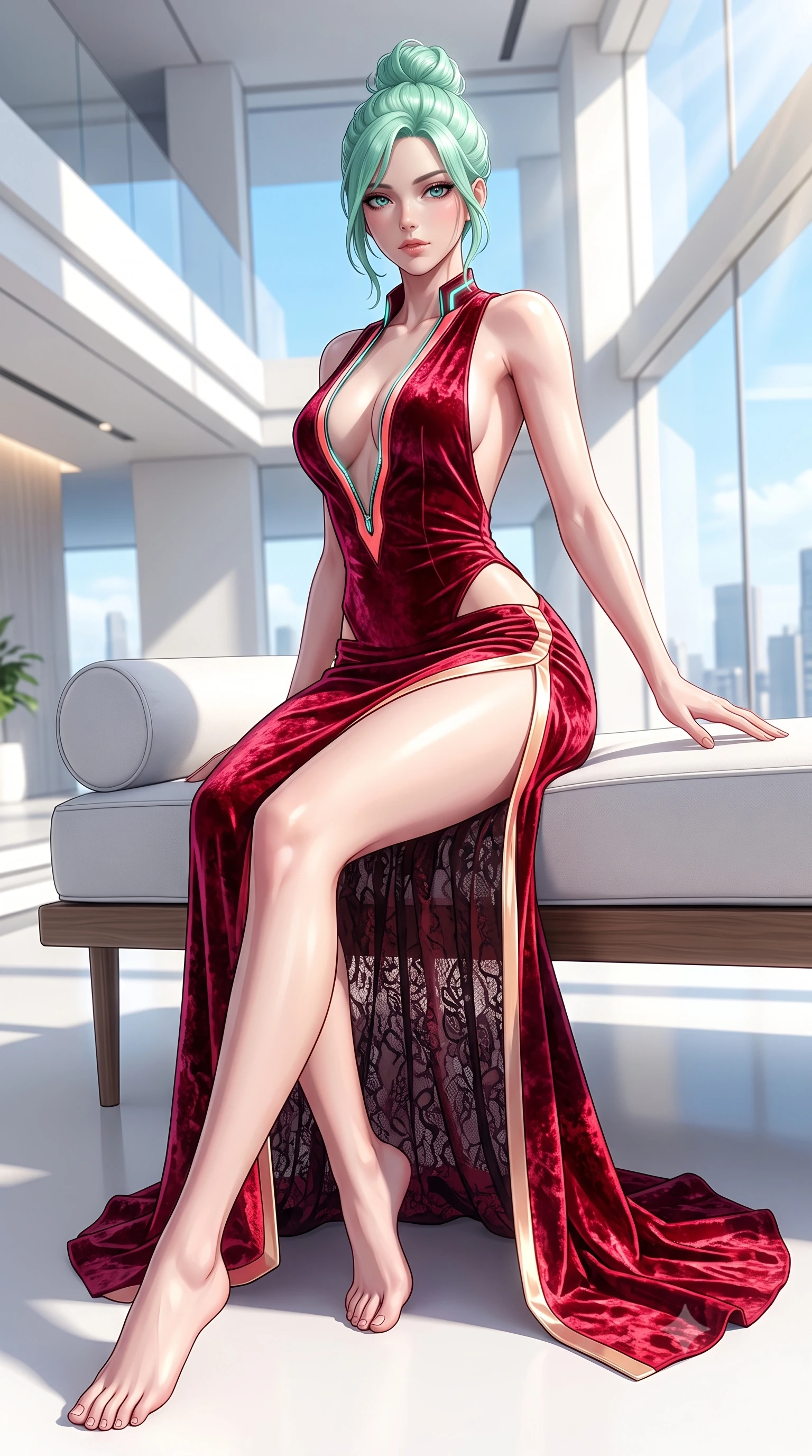 score_9, masterpiece, best quality, ultra-detailed, high-budget anime keyframe, semi-realistic 3D game render, editorial fashion photography, tasteful artistic composition, Japanese woman. low angle full-body shot from head to toe showing her feet, filling the entire 9:16 vertical frame with her statuesque presence, stretching her vertical silhouette. pivoting dynamically in mid-motion with a breathtakingly alluring posture, displaying her flawless model proportions and ultra-slim waist while lounging seductively in a minimalist designer daybed framed by bright morning sunbeams and city sky views. The surrounding environment is rendered in vivid detail and crisp panoramic clarity. high-contrast pristine white decor and sunlit architectural lines rendered with environmental sharpness. She has an absolutely perfect, statuesque 8.5-heads proportion, an exceptionally tall and slender model-like female figure with impossibly long slender legs, a toned flat midriff, and an ultra-slim waist. sharp v-shaped jawline, high-bridge nose, intricate jewel-like eyes with depth, thick eyelashes, glossy lips with a natural sheen, flawlessly proportioned anatomical accuracy, strict slender model proportions, natural body alignment, perfectly sculpted long slender limbs, ultra-slim waistline, clean dynamic posture without body distortion. wearing a backless crimson crushed velvet gown with a deep plunging V-neckline, strategic hip cutouts, and an ultra-high thigh slit in radiant coral pink and champagne ivory, crafted from delicate dark lace interwoven with luminescent micro-fibers, featuring a dangerously unzipped neckline framed by glowing cybernetic accents, the liquid-tight tailored fabric emphasizing every curve of her tall, slender model proportions and sculptured silhouette during dynamic movement. surrounded by a hyper-clean, sophisticated, and ultra-chic luxury editorial aura. highly saturated vibrant anime colors, detailed shading with soft gradients, rich glossy textures, high-contrast stereoscopic depth, volumetric dynamic lighting, master piece, 9:16 ratio